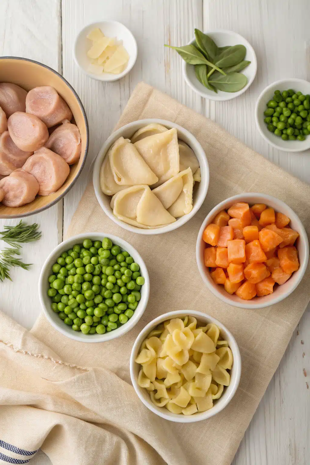 Chicken Tortellini Soup beautifully presented from an overhead angle