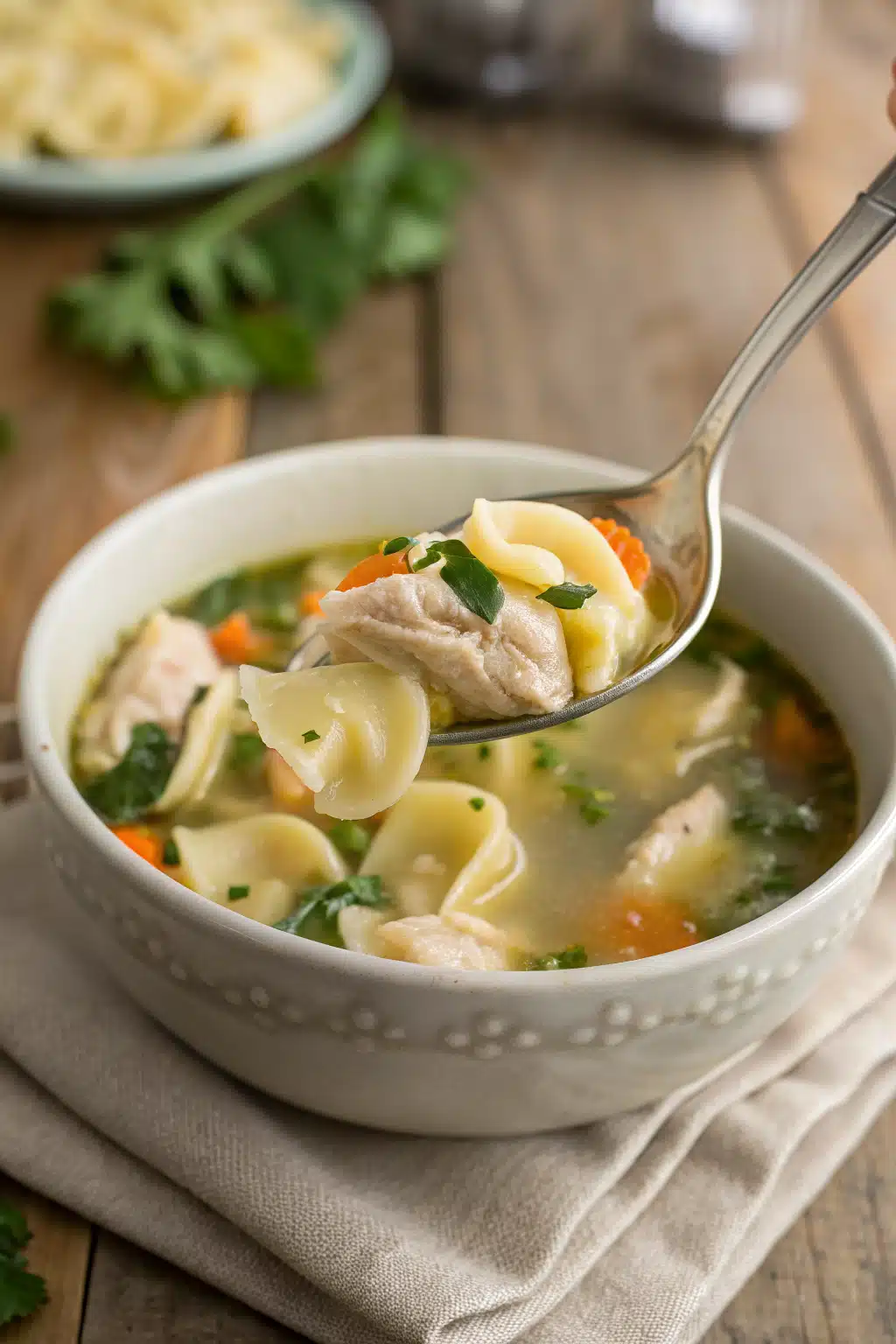 Chicken Tortellini Soup slice on plate showing perfect texture and swirl pattern