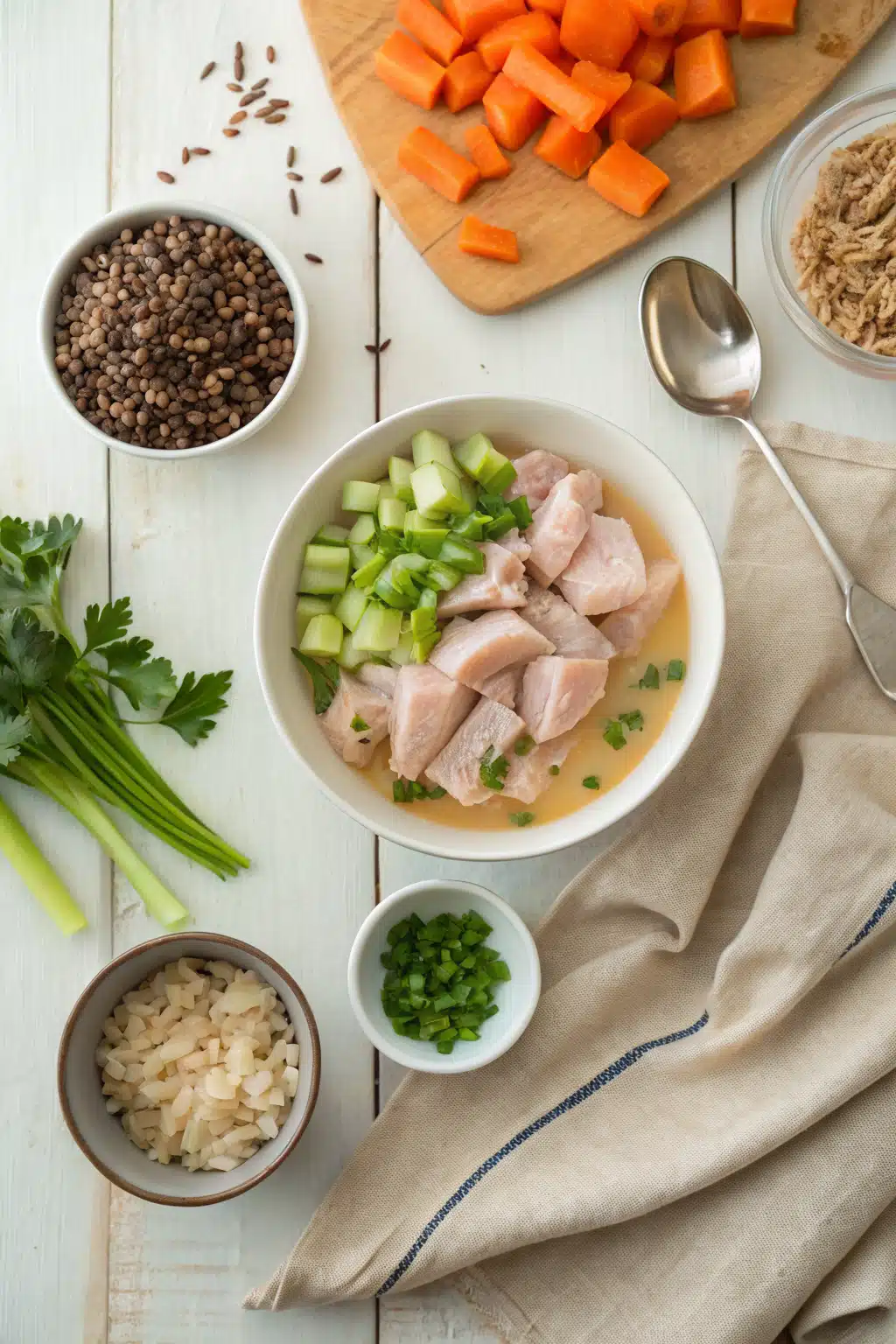 Chicken Wild Rice Soup beautifully presented from an overhead angle