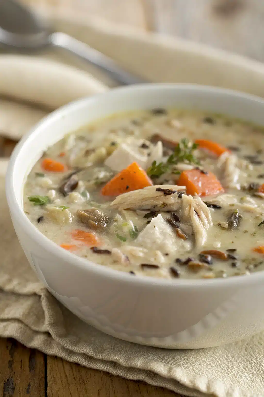 Chicken Wild Rice Soup slice on plate showing perfect texture and swirl pattern
