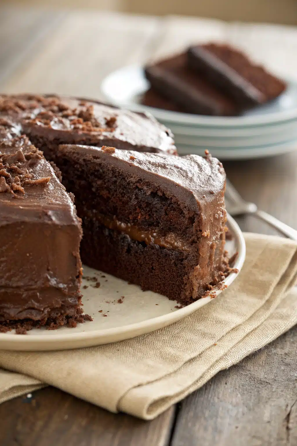 Chocolate Cake slice on plate showing perfect texture and swirl pattern