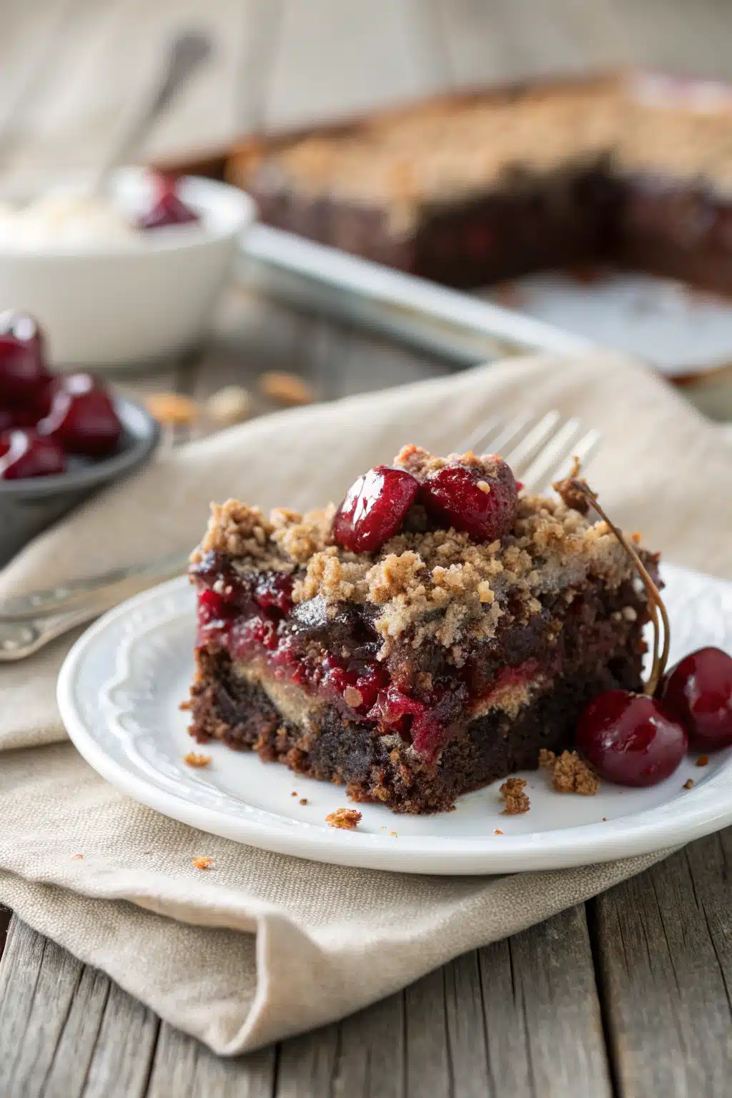 Chocolate Cherry Dump Cake slice on plate showing perfect texture and swirl pattern