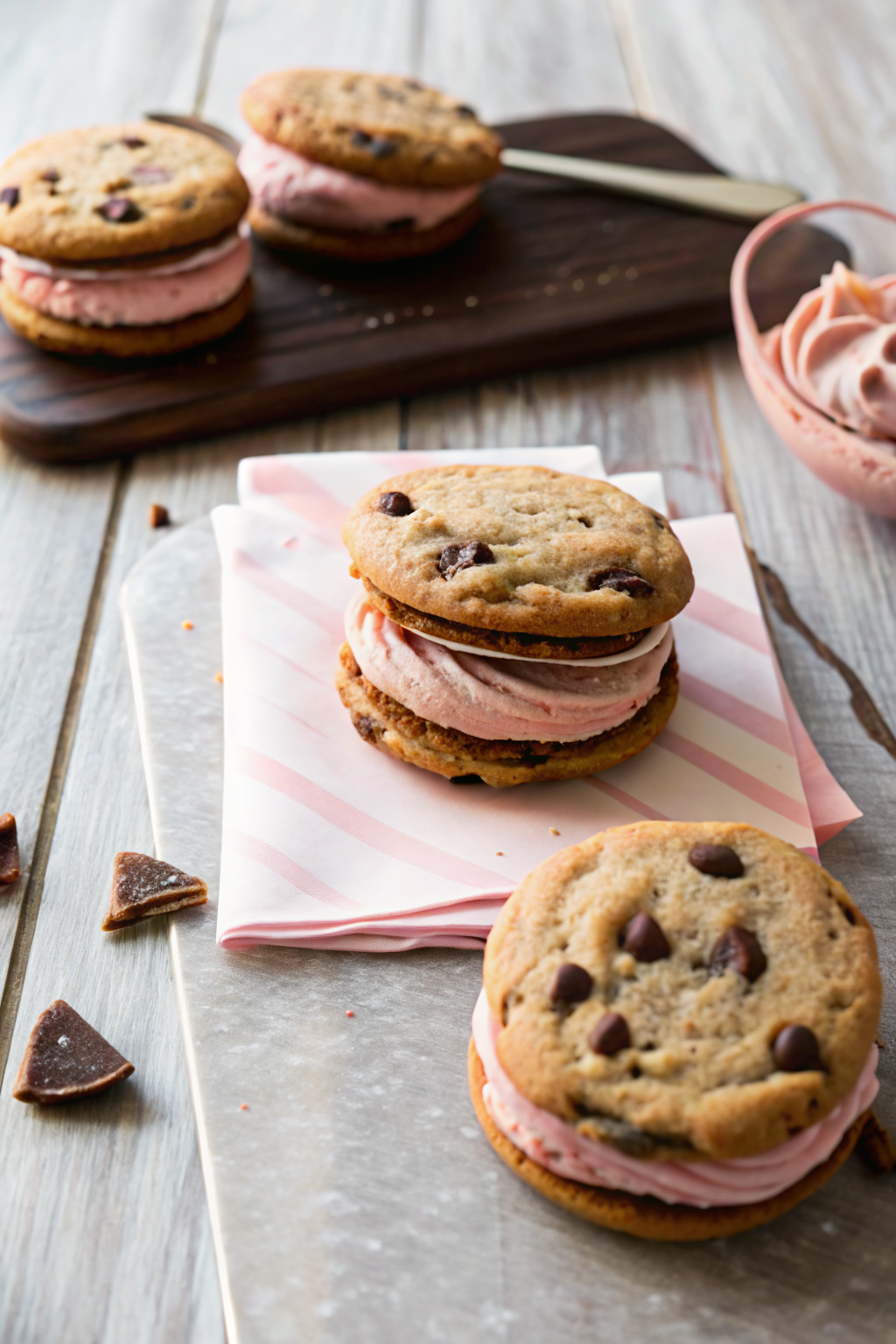 Chocolate Chip Cookie Sandwiches with Nutella Cream Cheese Filling beautifully presented from an overhead angle