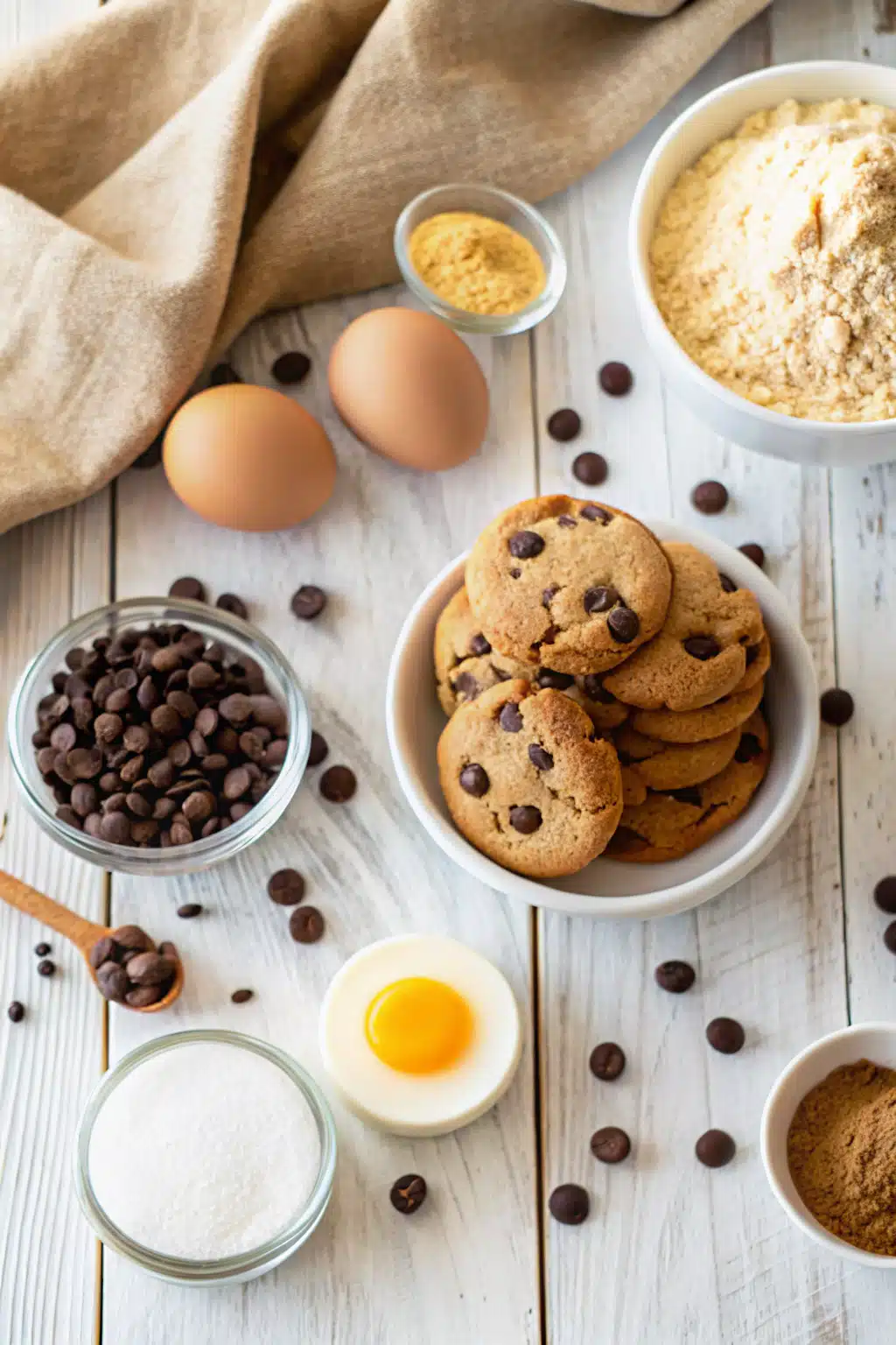 Chocolate Chip Cookies beautifully presented from an overhead angle