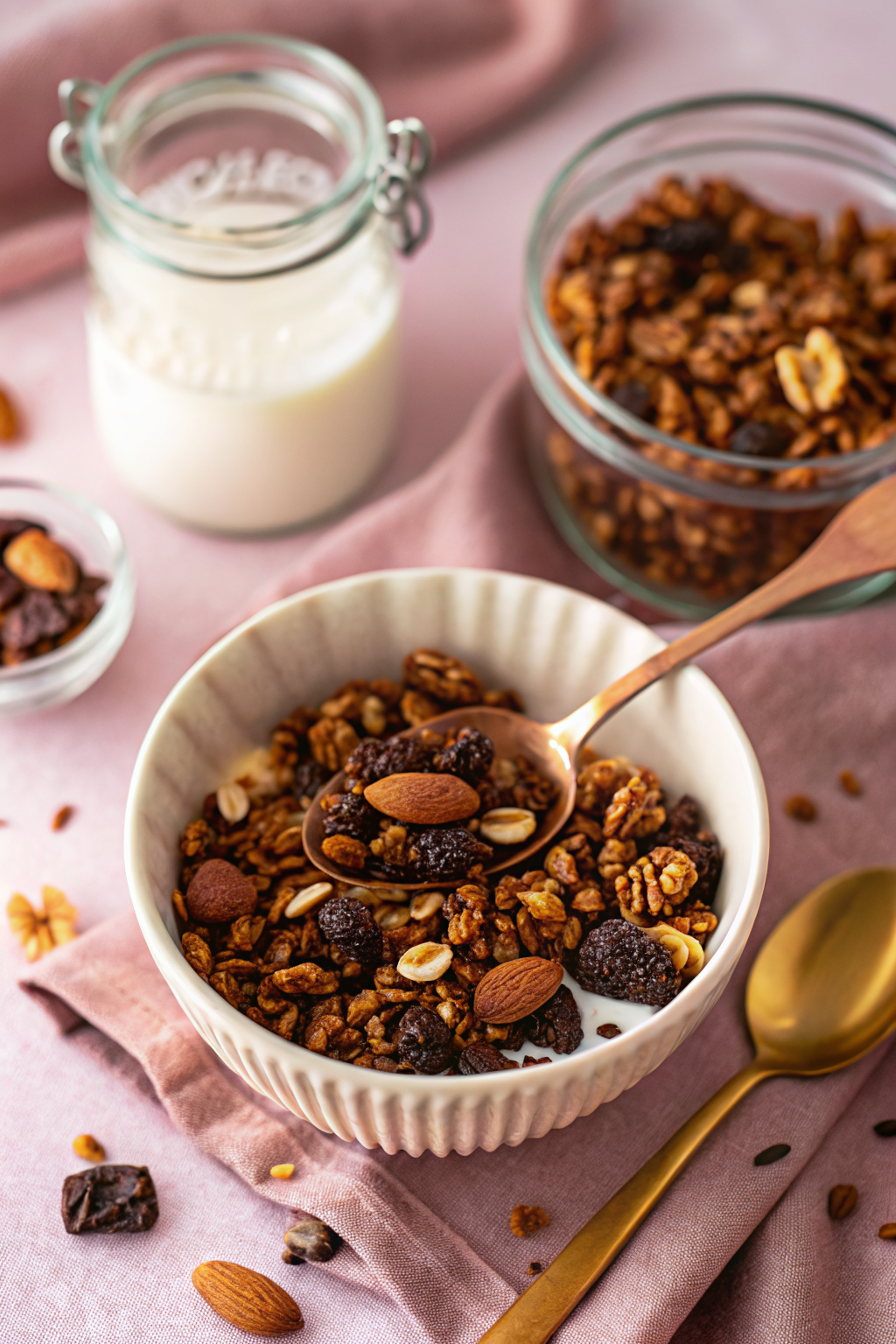 Chocolate Granola beautifully presented from an overhead angle