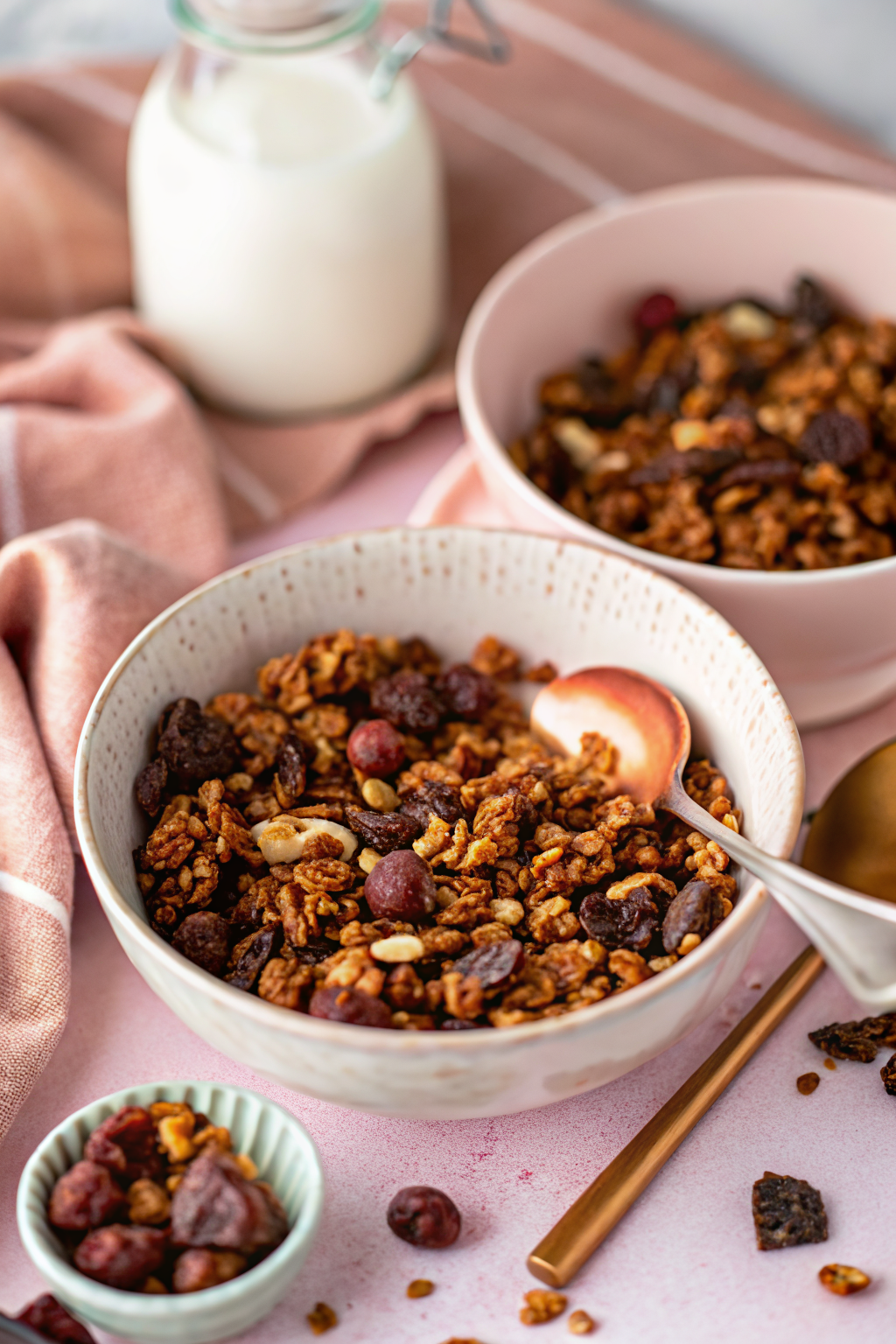 Chocolate Granola ingredients organized and measured on kitchen counter