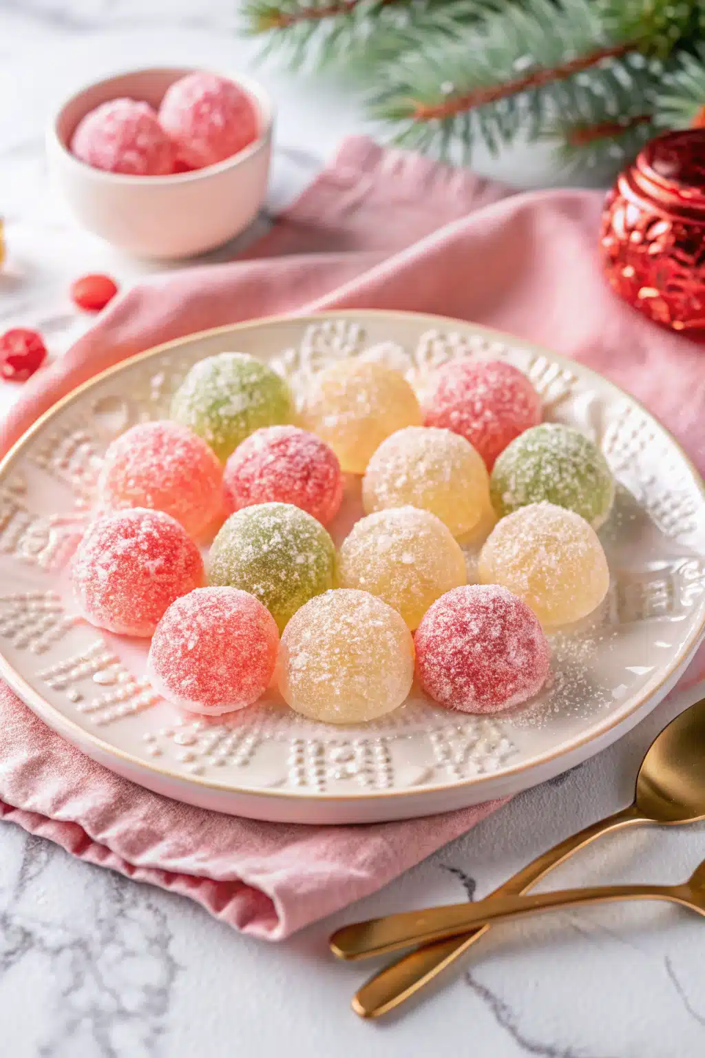 Christmas Jello Balls beautifully presented from an overhead angle