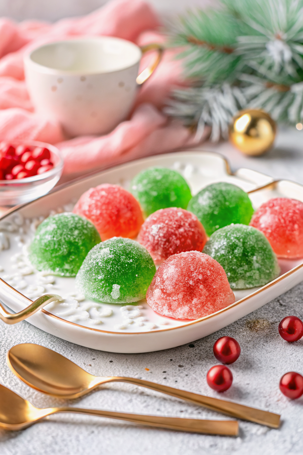 Christmas Jello Balls ingredients organized and measured on kitchen counter