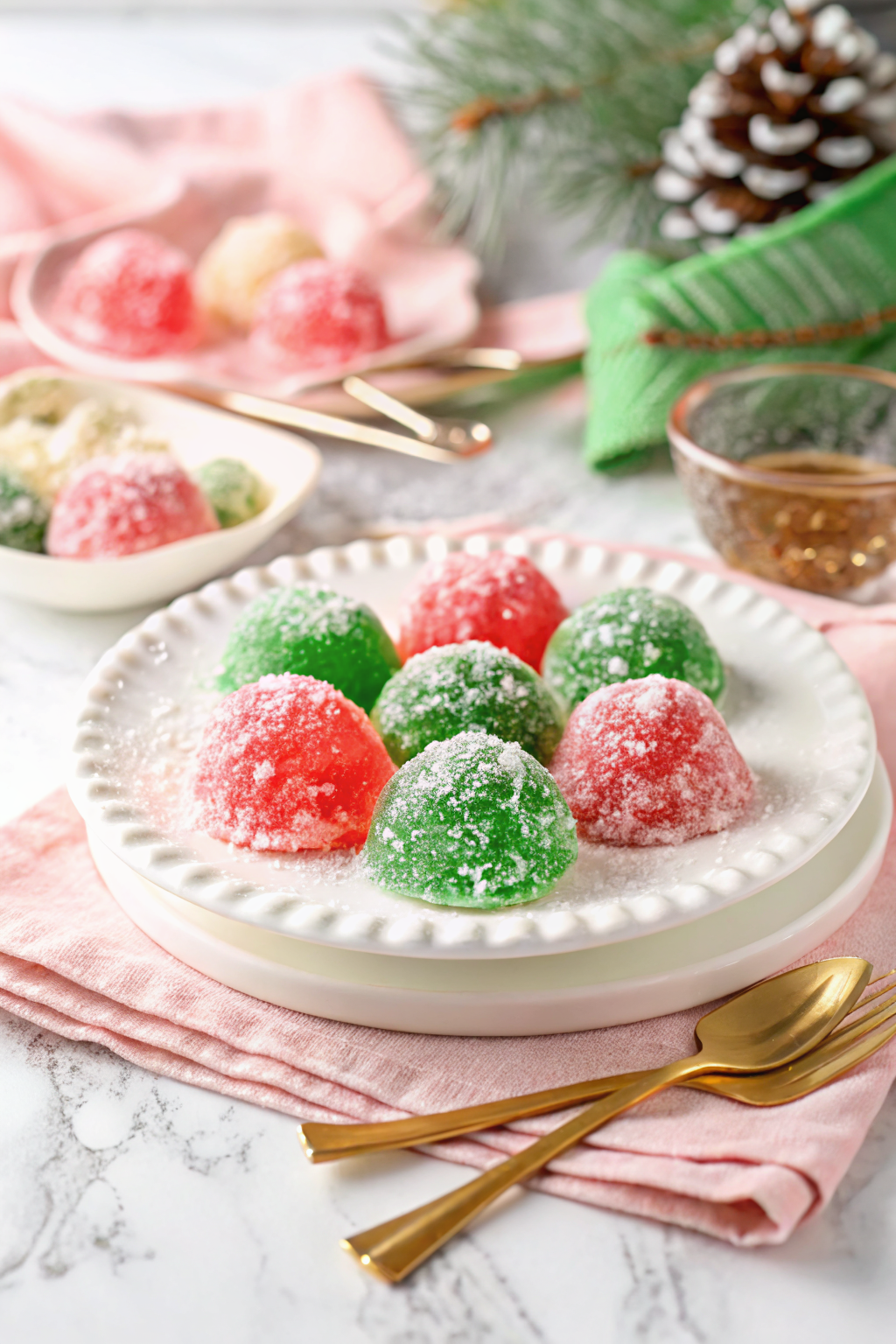 Christmas Jello Balls slice on plate showing perfect texture and swirl pattern