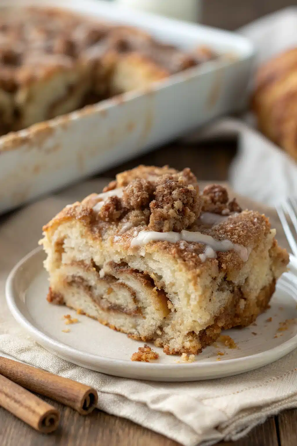 Cinnamon Roll Casserole slice on plate showing perfect texture and swirl pattern