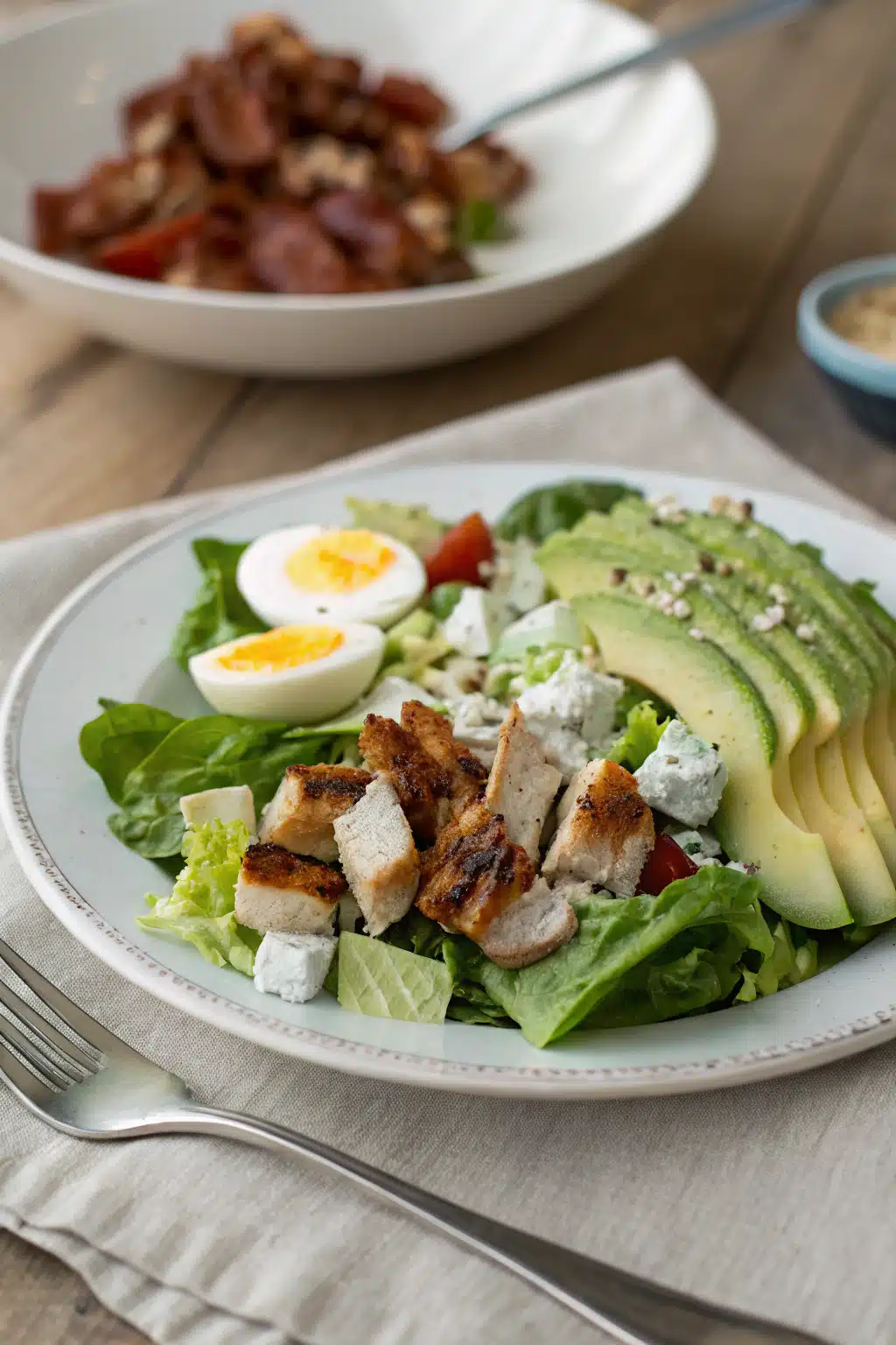 Cobb Salad ingredients organized and measured on kitchen counter