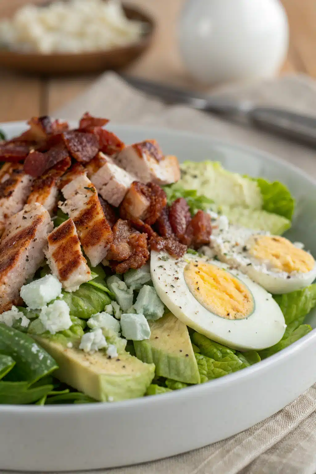 Cobb Salad slice on plate showing perfect texture and swirl pattern
