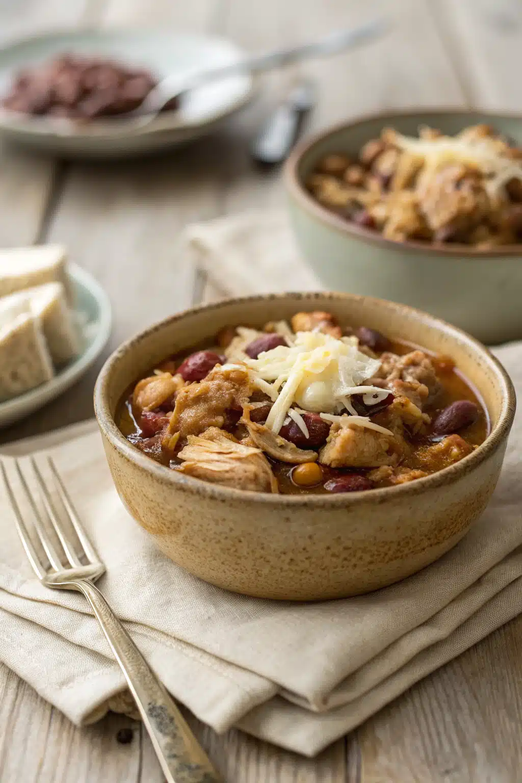 Hands stirring Crack Chicken Chili in a large pot with colorful ingredients visible