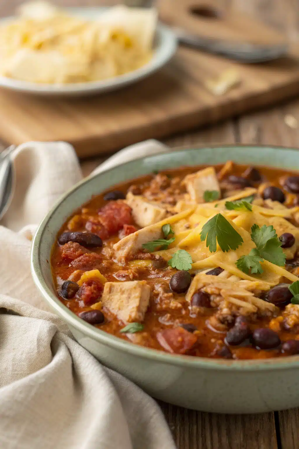 A steaming bowl of Crack Chicken Chili topped with cheese and cilantro, served with cornbread