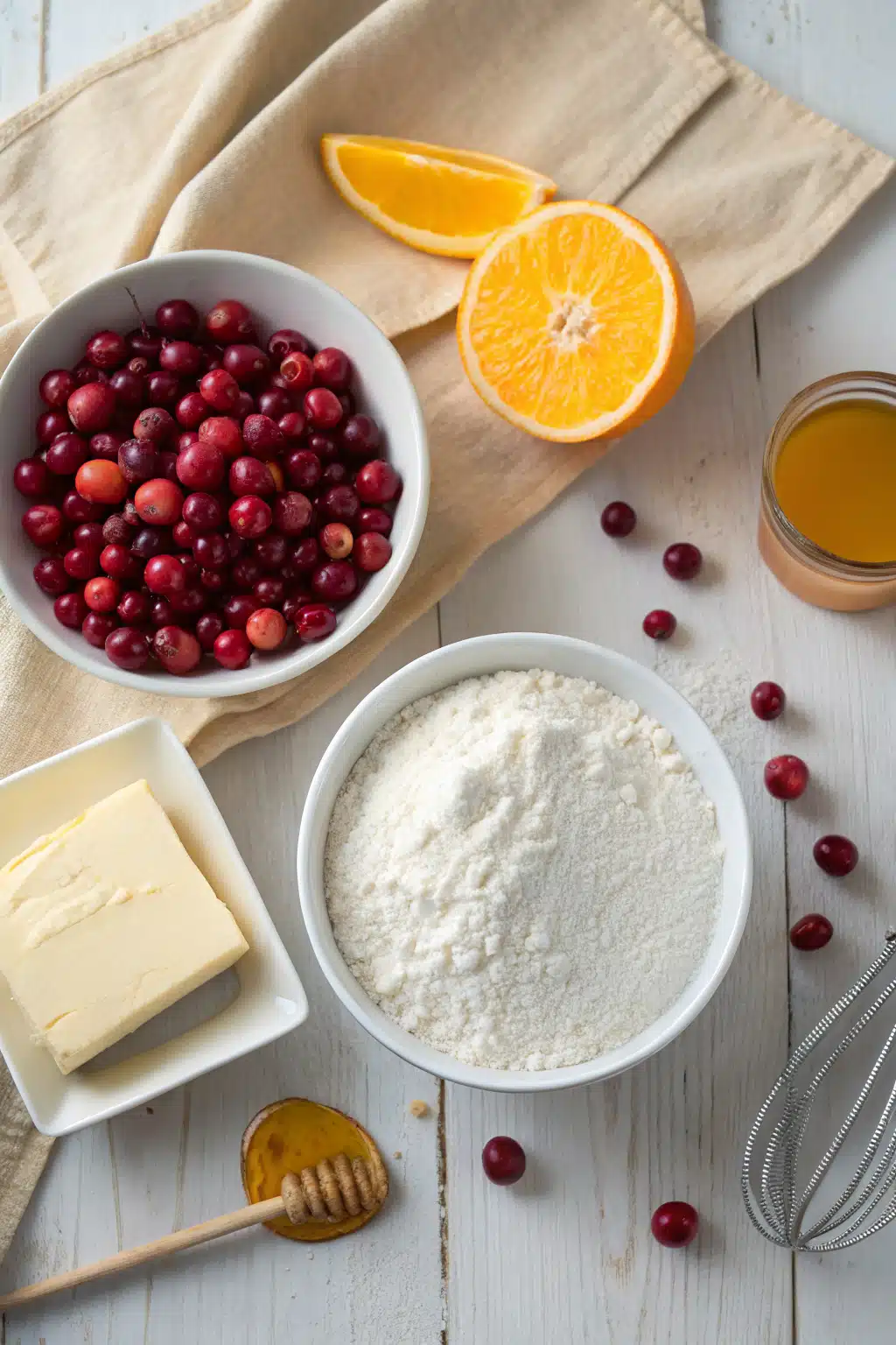 Cranberry Orange Bread beautifully presented from an overhead angle