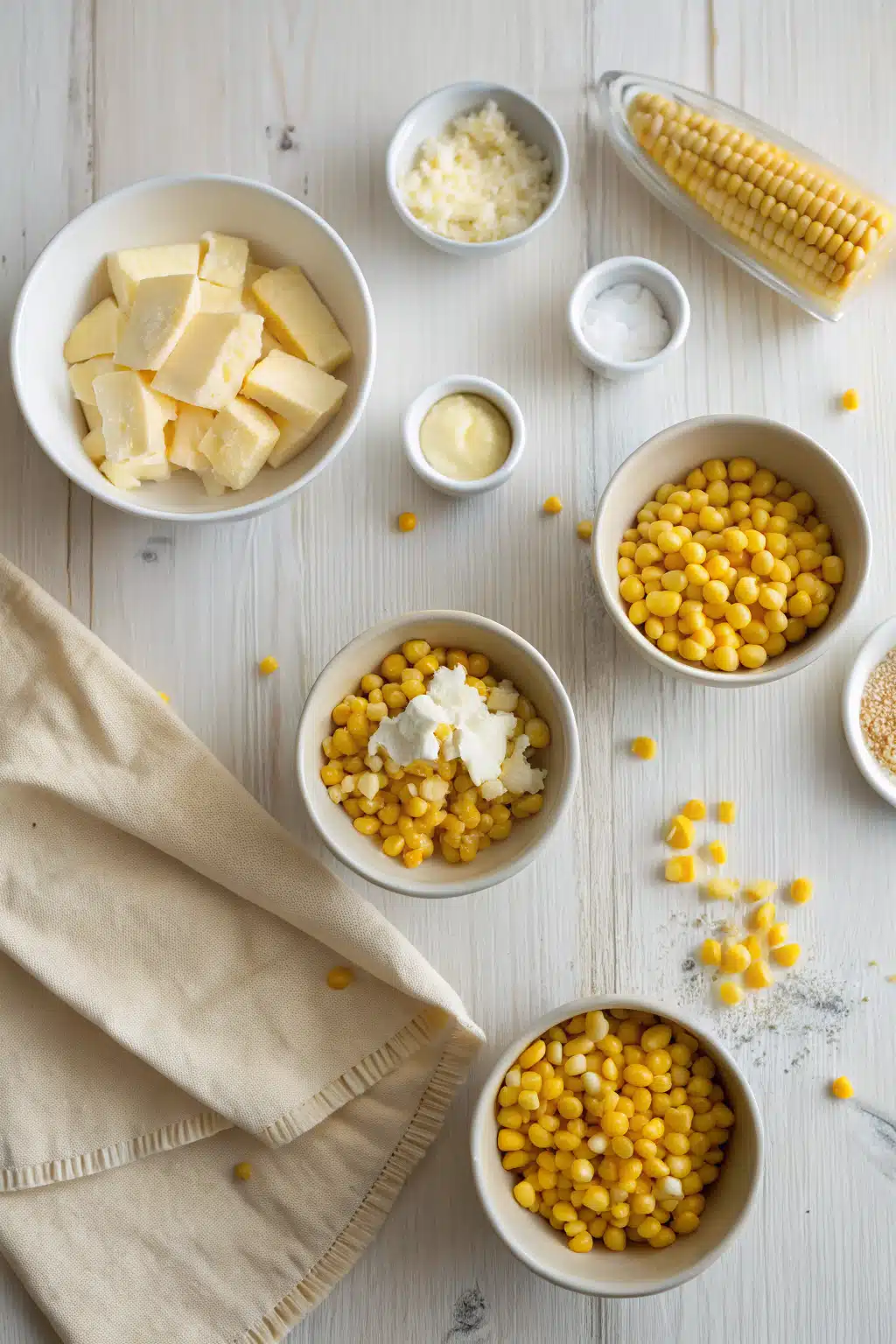 Creamed Corn Recipe ingredients organized and measured on kitchen counter