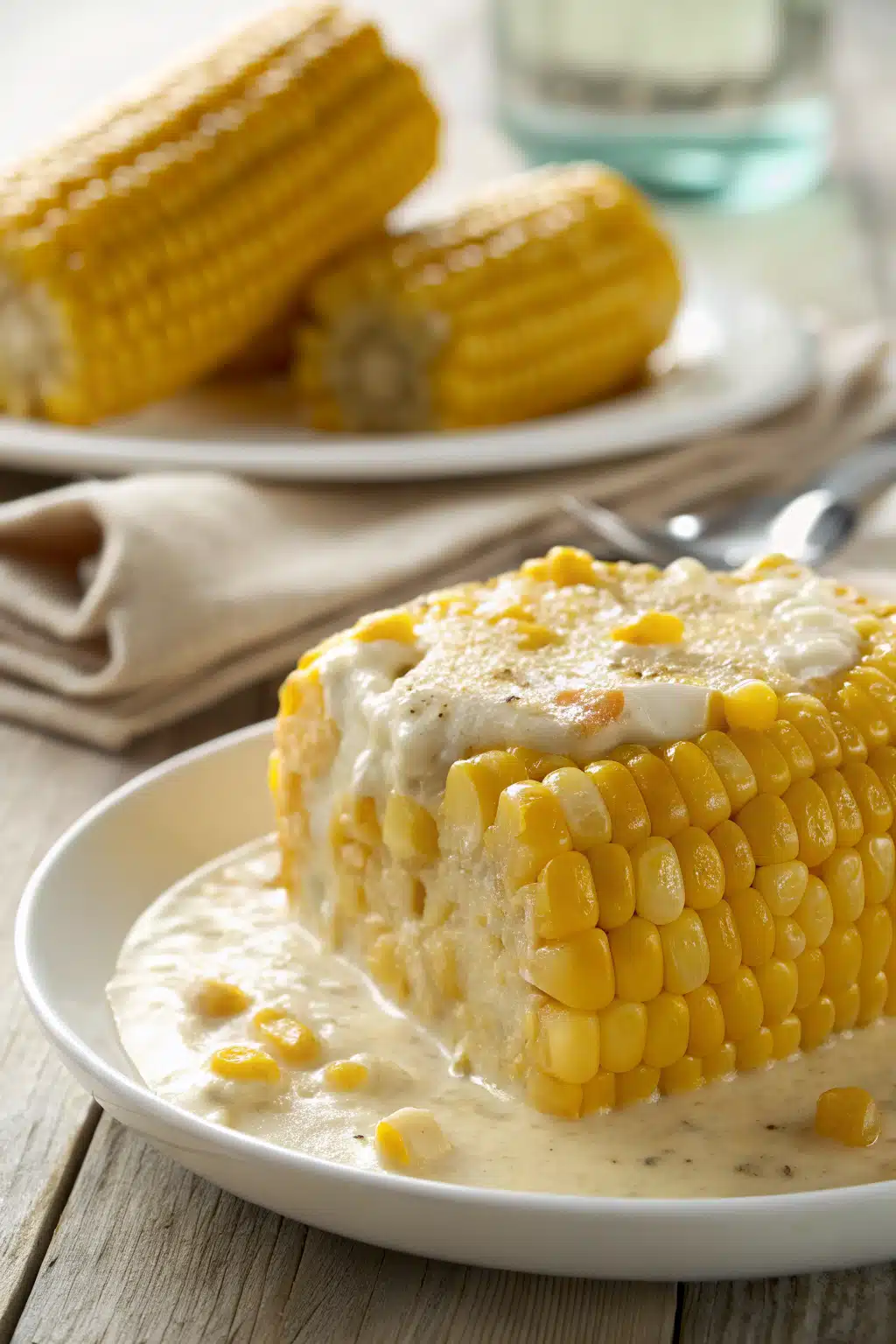 Creamed Corn Recipe slice on plate showing perfect texture and swirl pattern