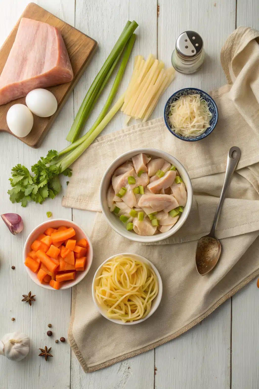 Creamy Chicken Noodle Soup beautifully presented from an overhead angle