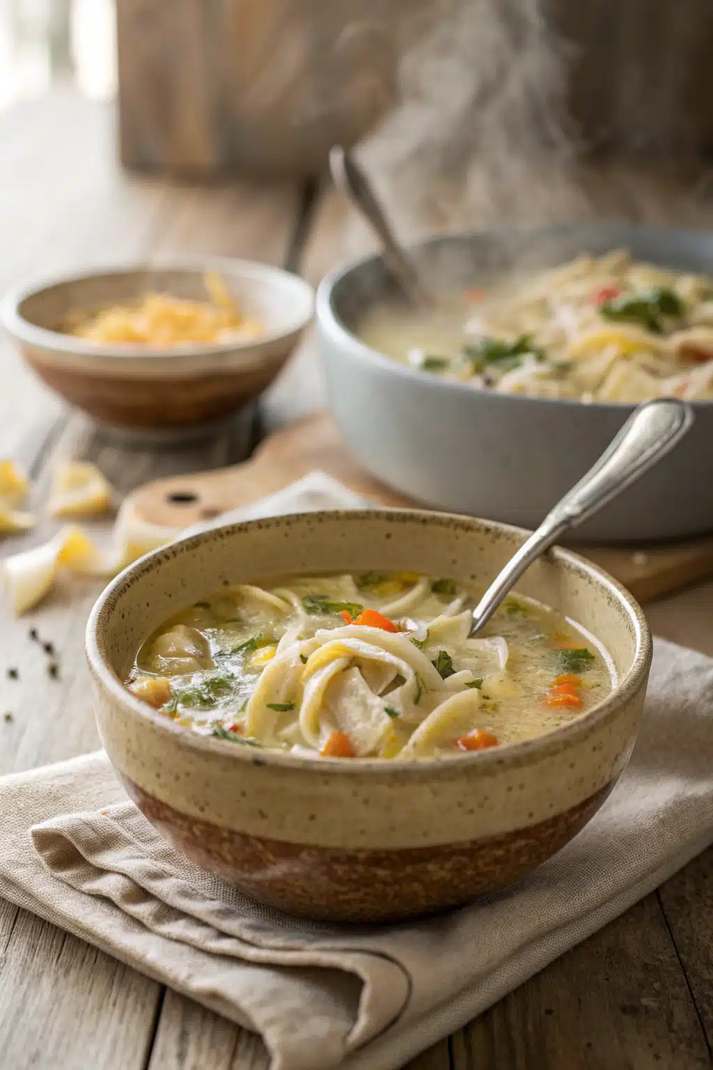 Creamy Chicken Noodle Soup ingredients organized and measured on kitchen counter