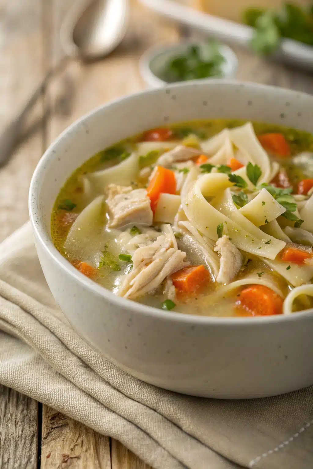 Creamy Chicken Noodle Soup slice on plate showing perfect texture and swirl pattern