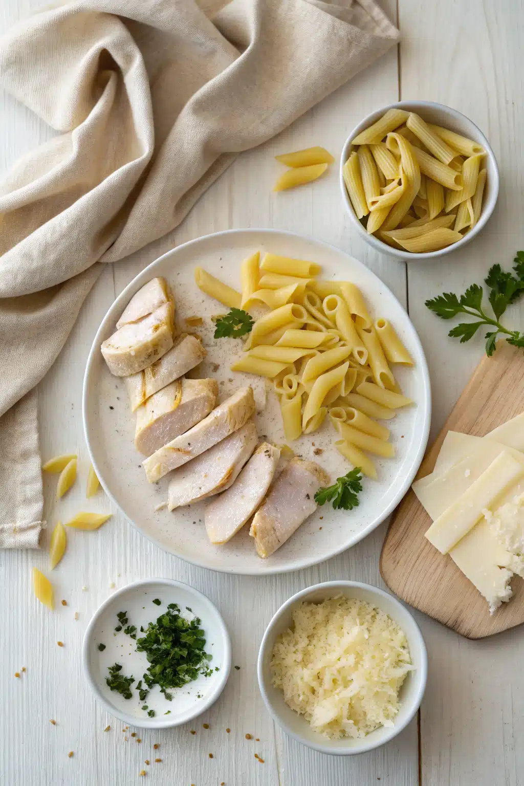 Creamy Chicken Pasta ingredients organized and measured on kitchen counter