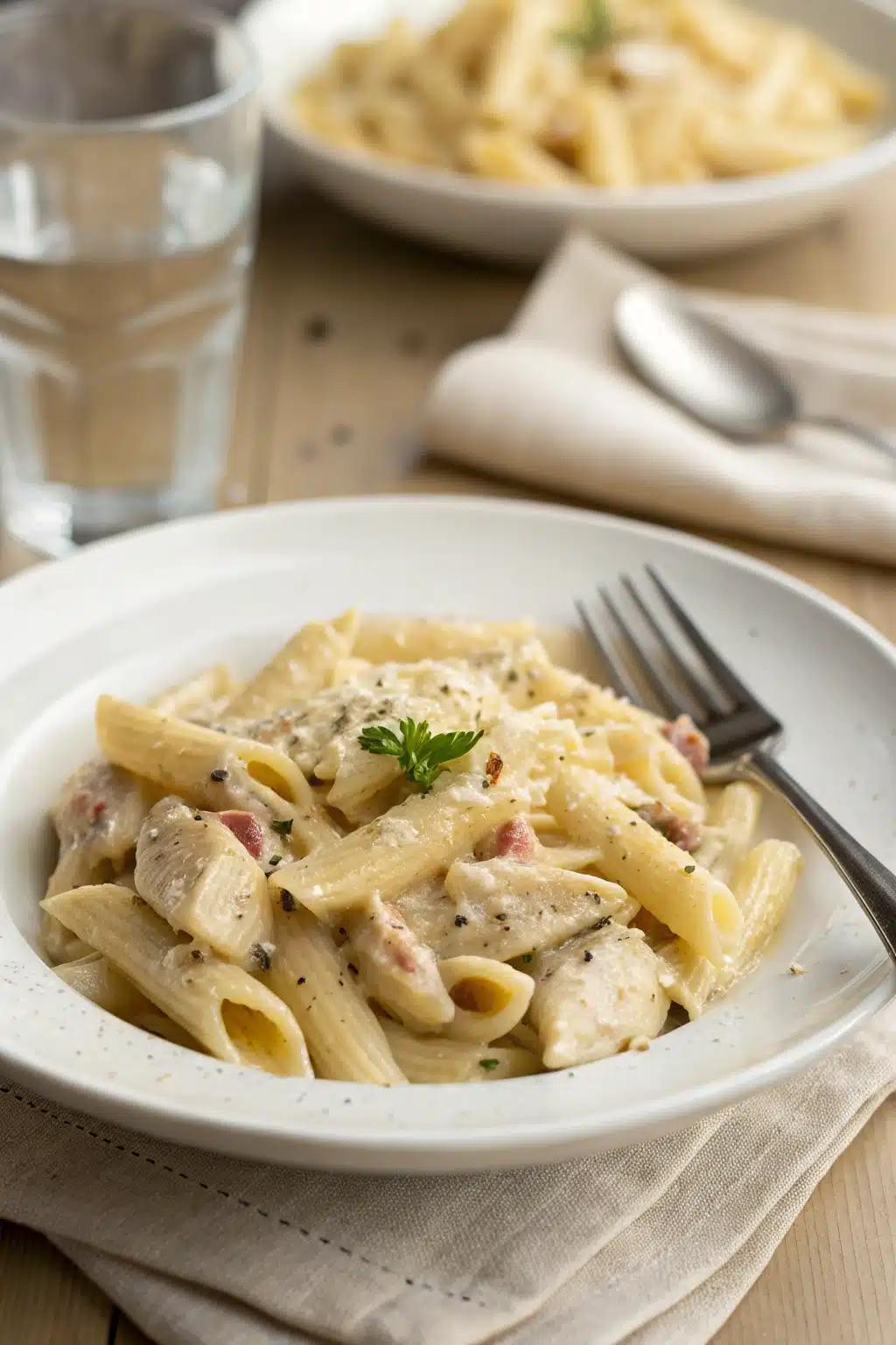 Creamy Chicken Pasta ingredients organized and measured on kitchen counter