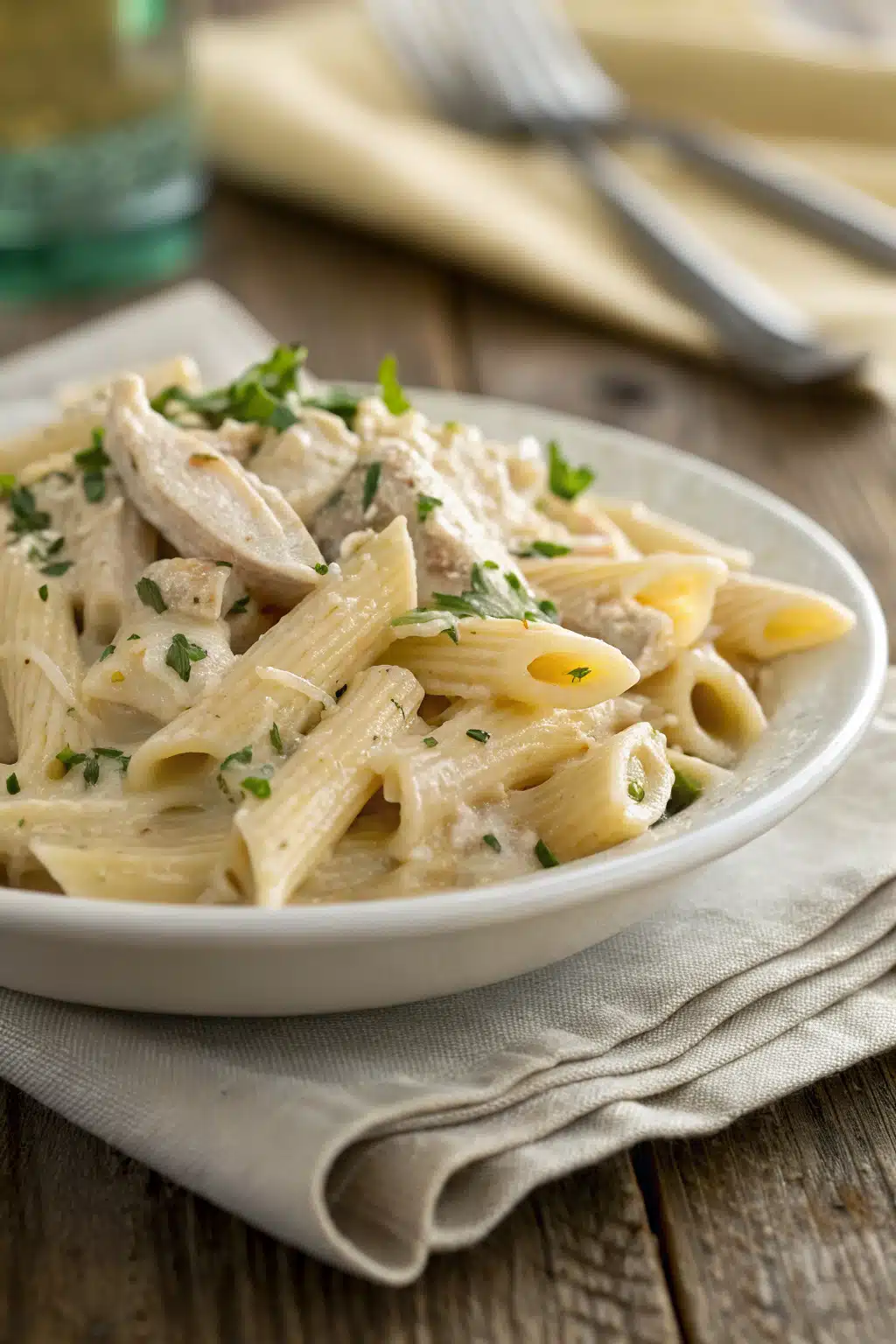 Creamy Chicken Pasta slice on plate showing perfect texture and swirl pattern