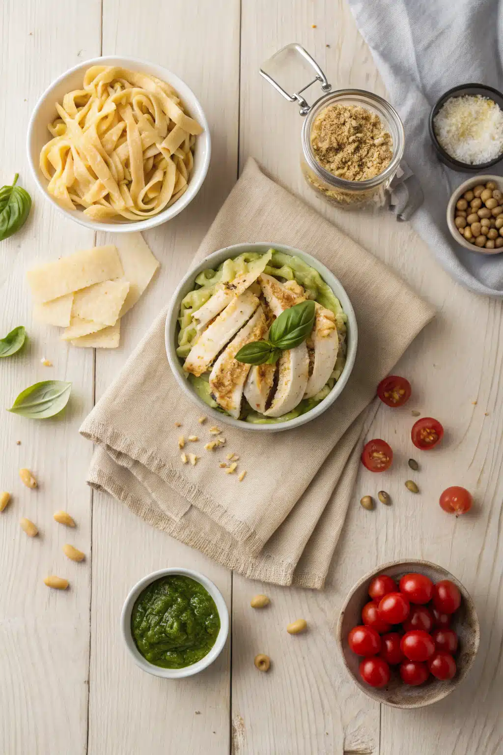 Creamy Chicken Pesto Pasta beautifully presented from an overhead angle