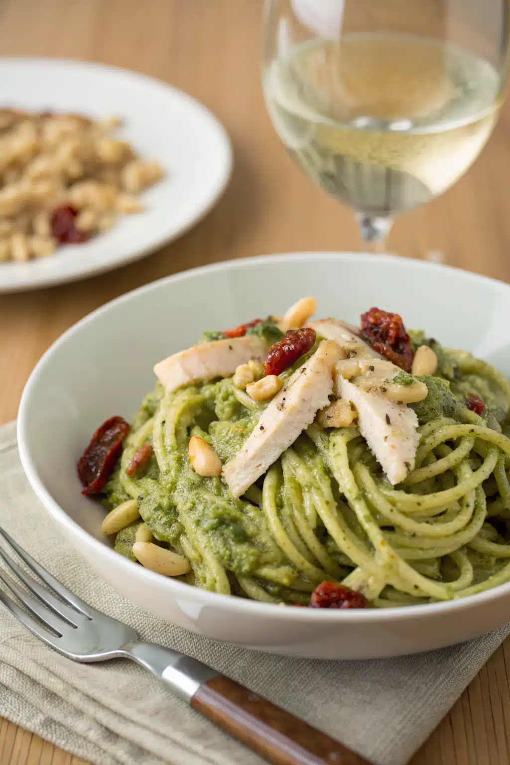 Creamy Chicken Pesto Pasta ingredients organized and measured on kitchen counter
