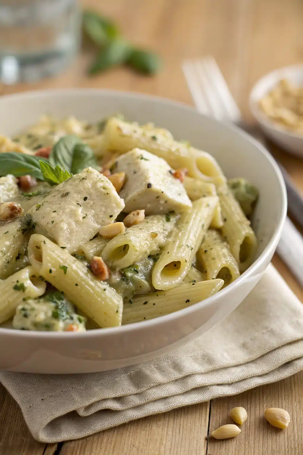 Creamy Chicken Pesto Pasta slice on plate showing perfect texture and swirl pattern