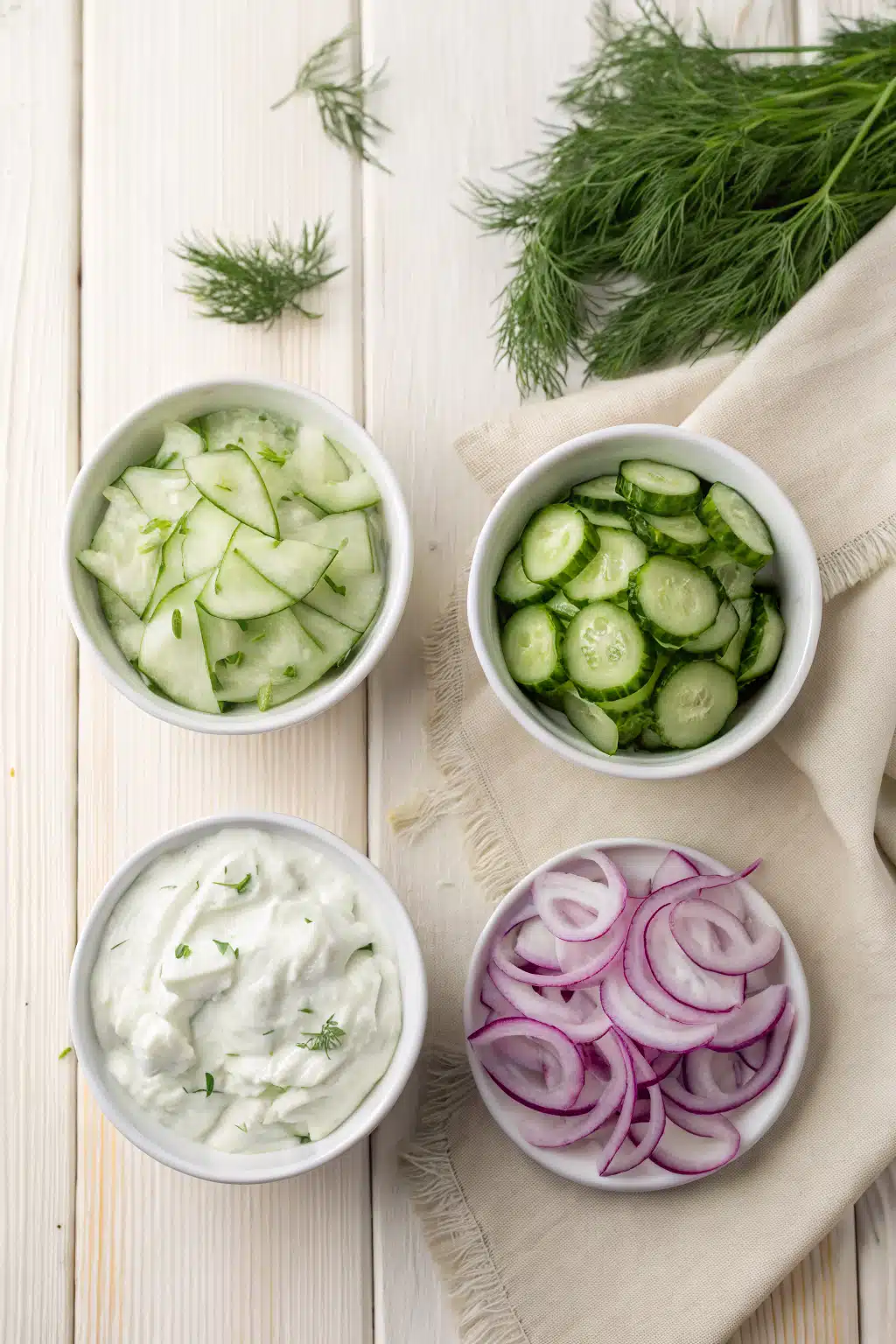 Creamy Cucumber Salad beautifully presented from an overhead angle