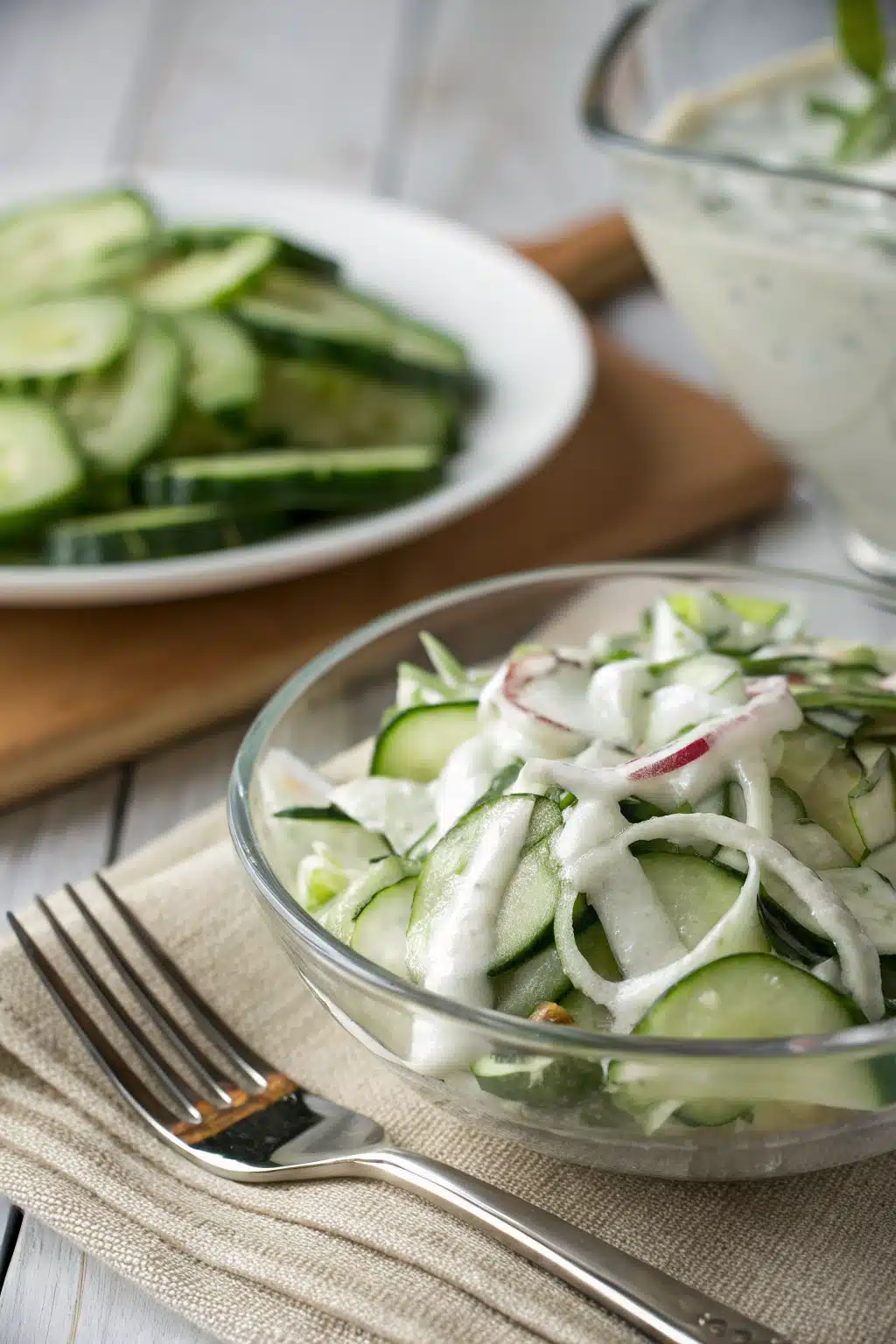 Creamy Cucumber Salad ingredients organized and measured on kitchen counter