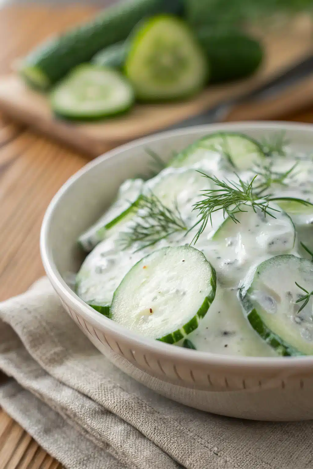 Creamy Cucumber Salad slice on plate showing perfect texture and swirl pattern