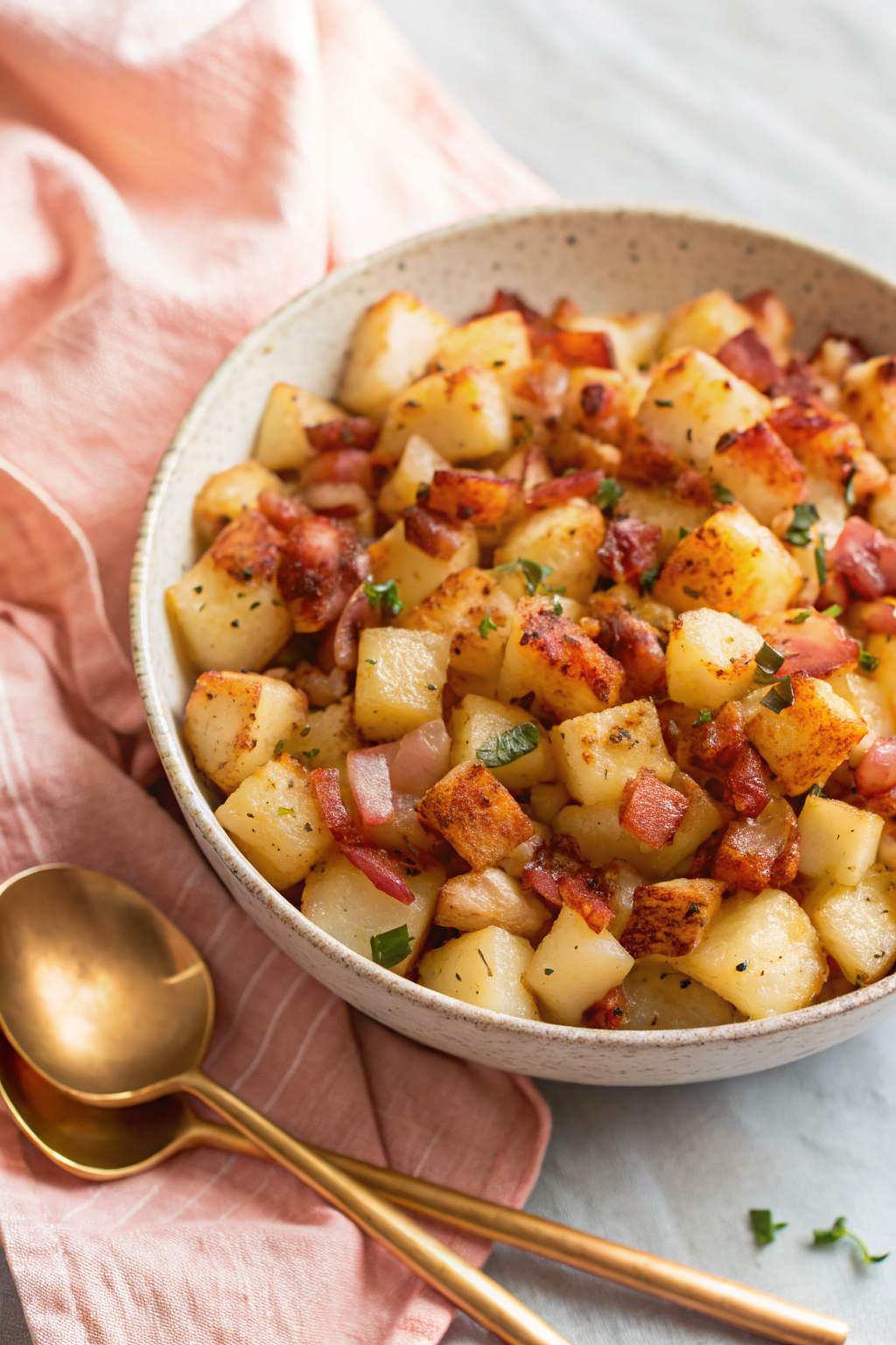 Crispy Cheese and Bacon Potatoes beautifully presented from an overhead angle