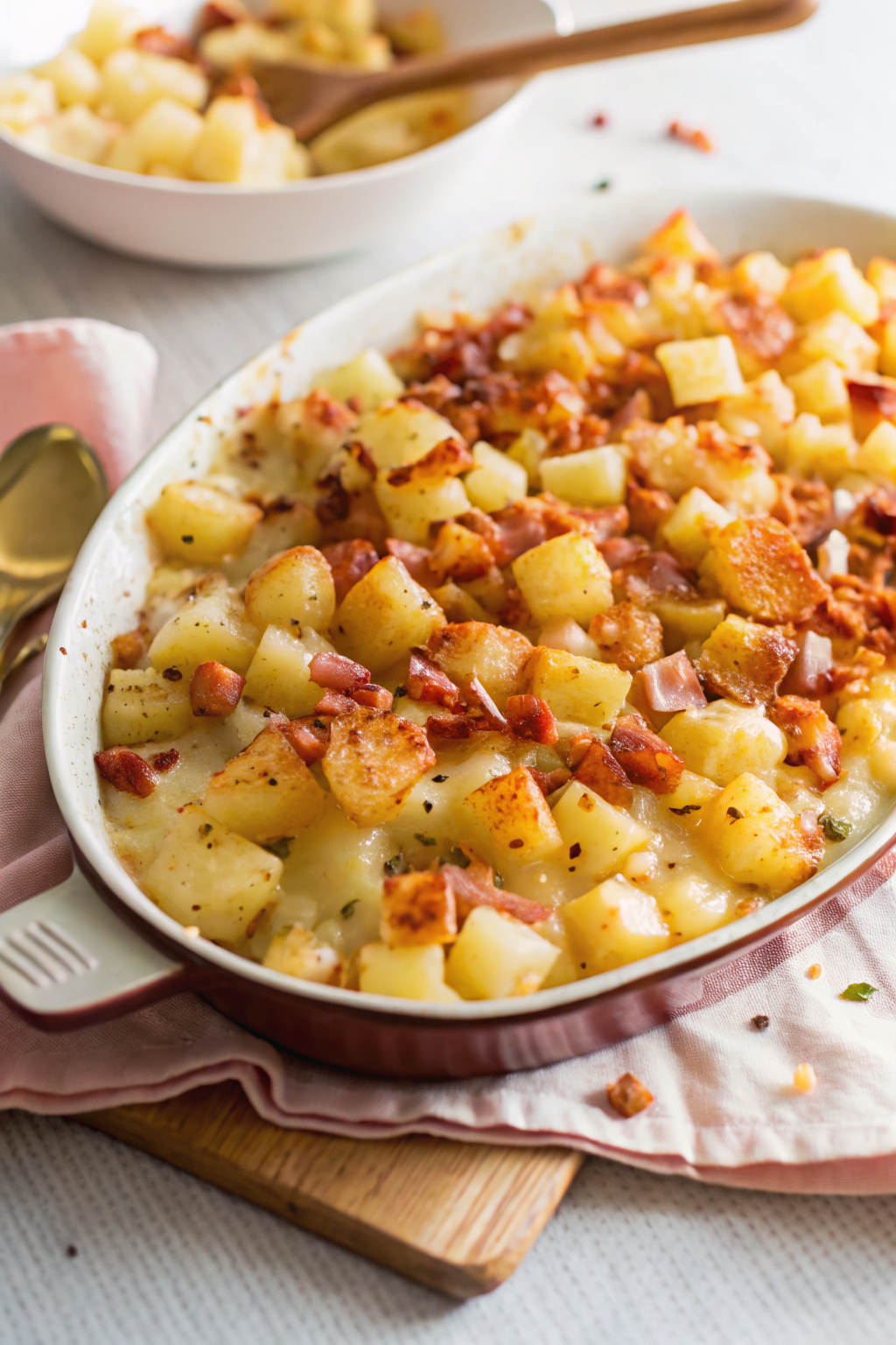Crispy Cheese and Bacon Potatoes slice on plate showing perfect texture and swirl pattern