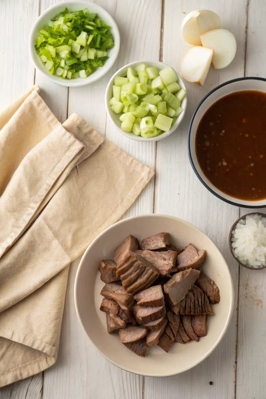 Crockpot Brisket ingredients organized and measured on kitchen counter