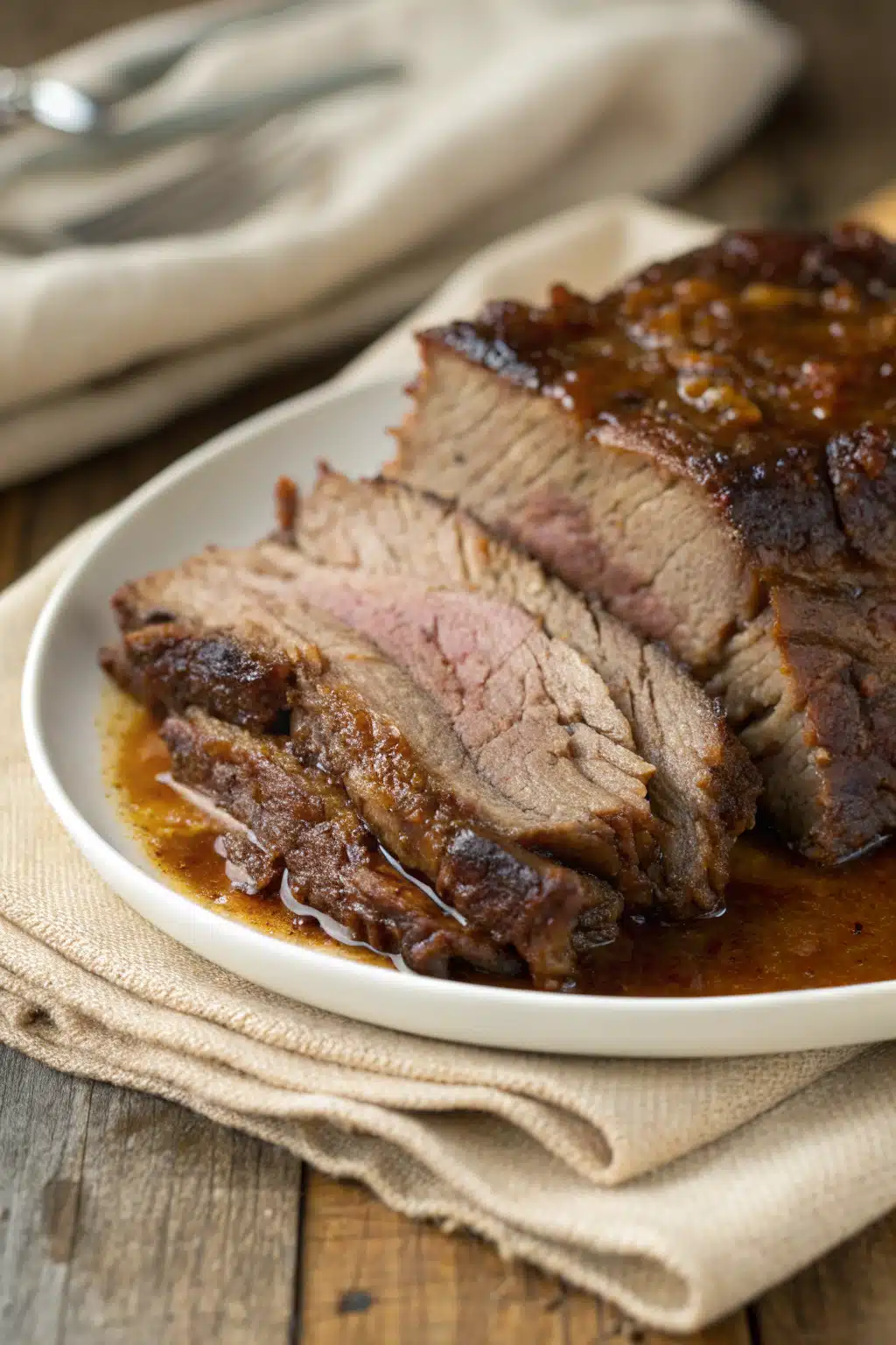 Crockpot Brisket slice on plate showing perfect texture and swirl pattern