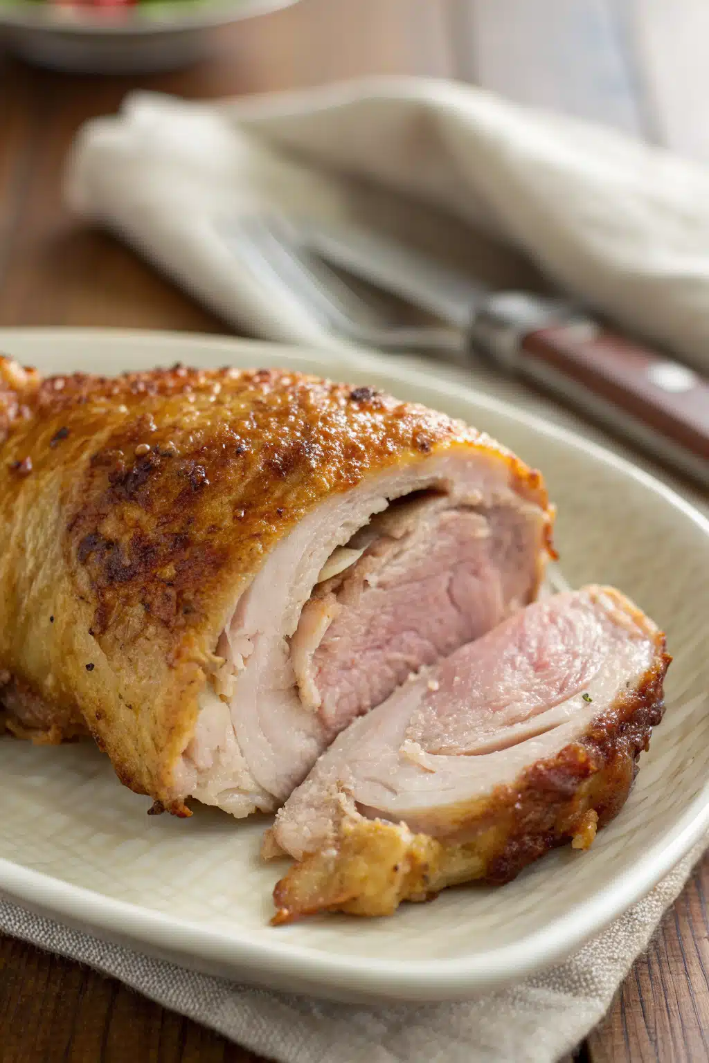 Crockpot Whole Chicken slice on plate showing perfect texture and swirl pattern