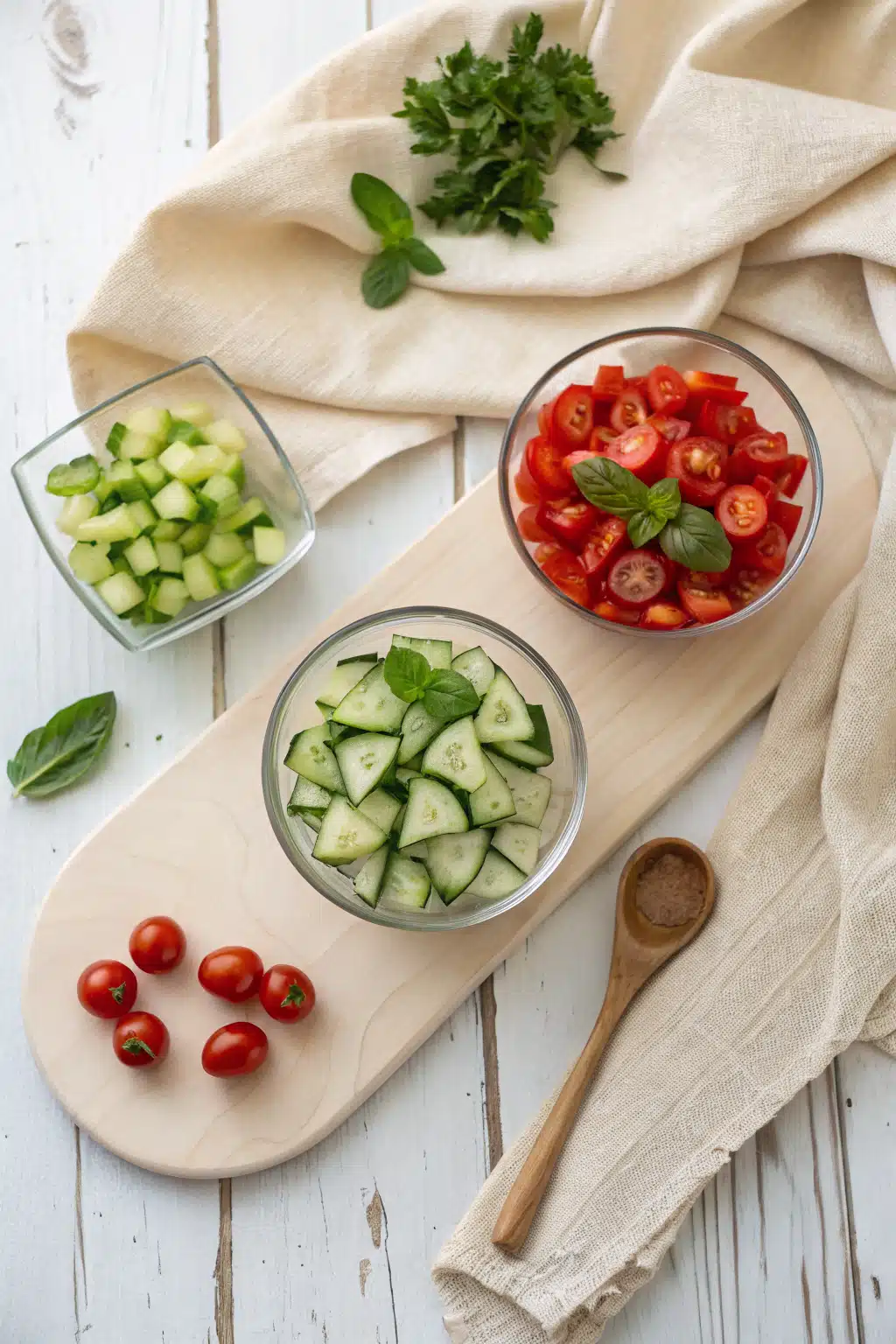 Cucumber Tomato Salad beautifully presented from an overhead angle