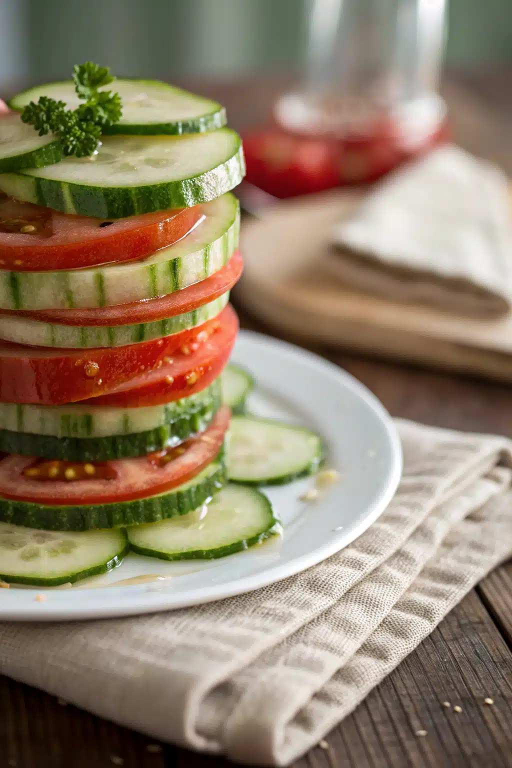 Cucumber Tomato Salad slice on plate showing perfect texture and swirl pattern