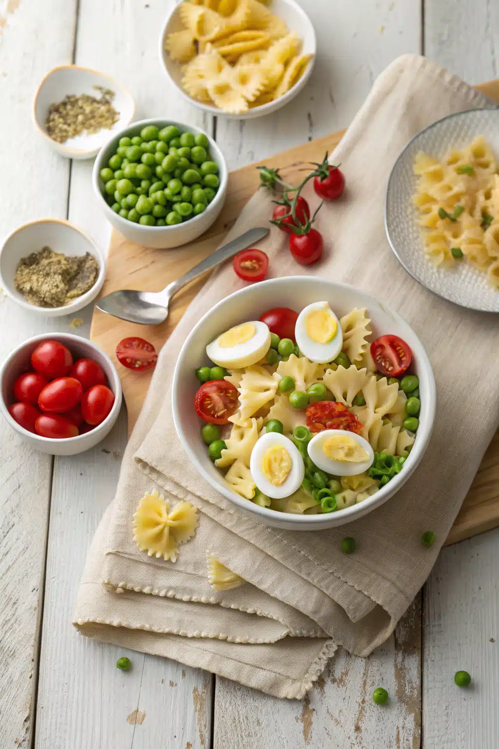 Deviled Egg Pasta Salad beautifully presented from an overhead angle