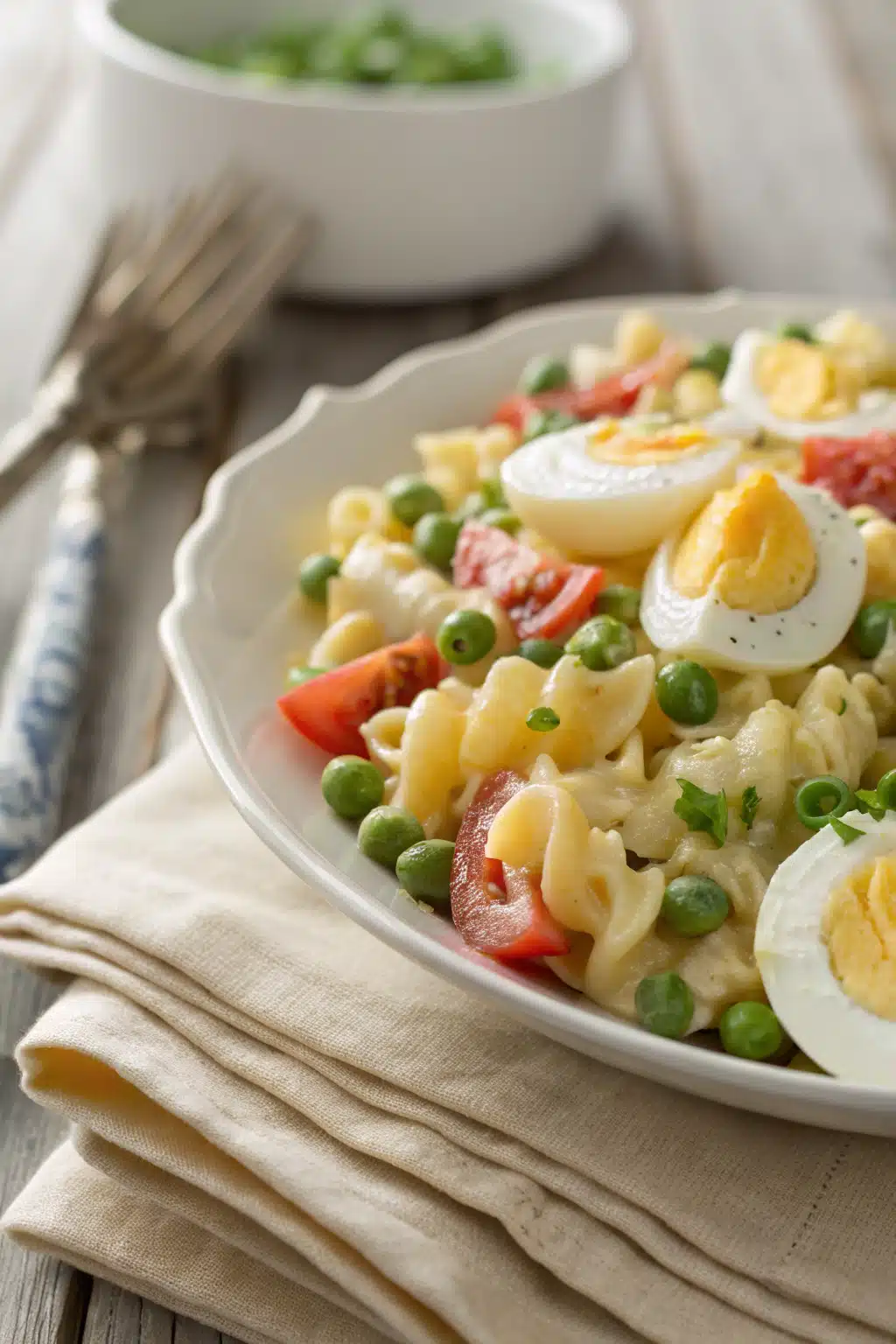 Deviled Egg Pasta Salad slice on plate showing perfect texture and swirl pattern