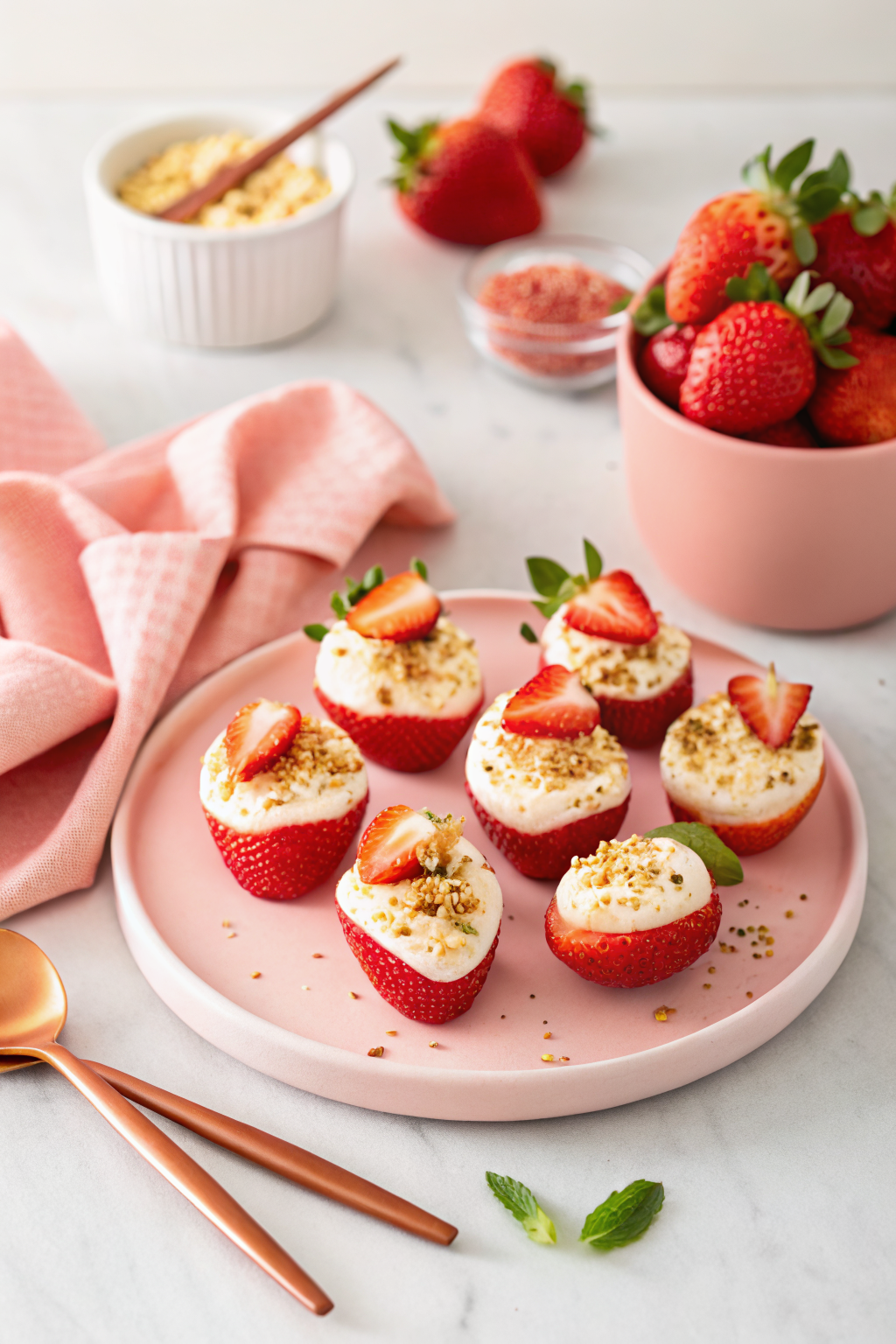 Deviled Strawberries beautifully presented from an overhead angle