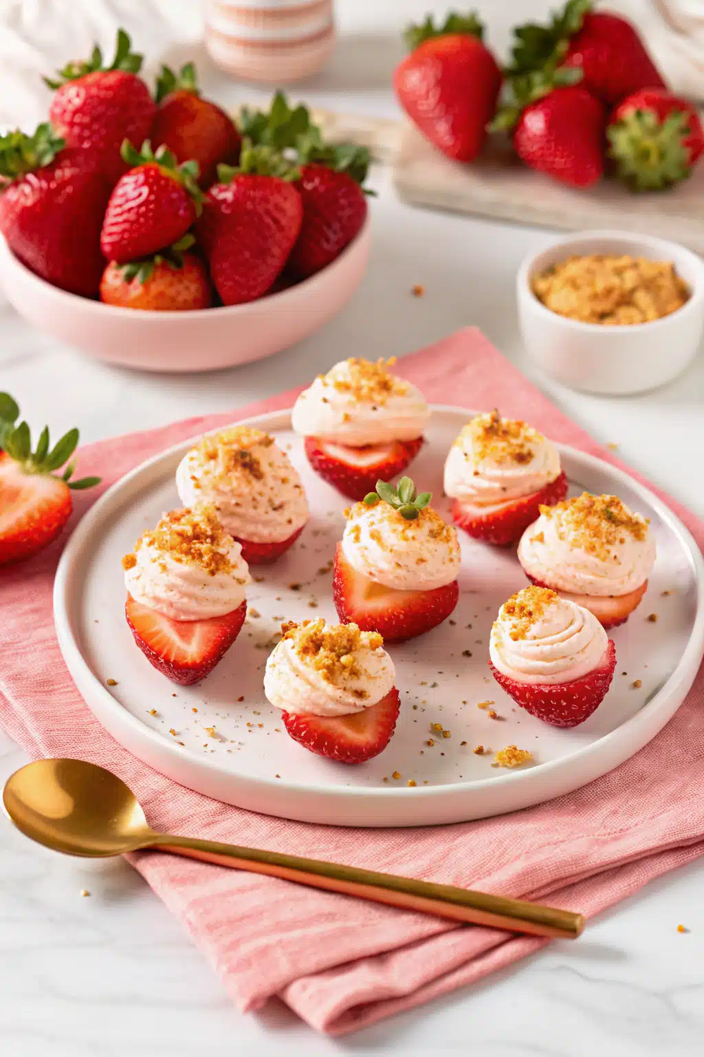 Deviled Strawberries ingredients organized and measured on kitchen counter