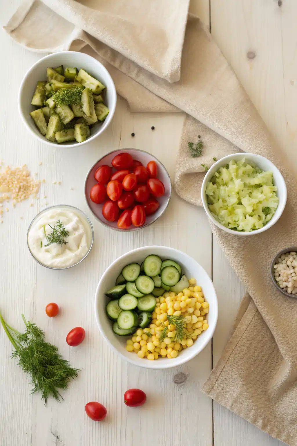 Dill Pickle Pasta Salad beautifully presented from an overhead angle
