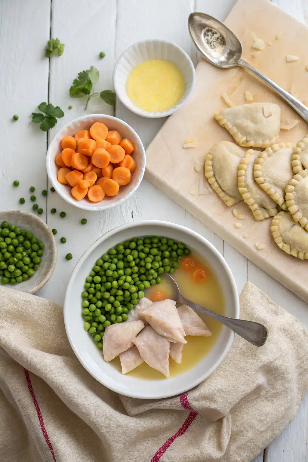 Easy Chicken Pot Pie Soup beautifully presented from an overhead angle