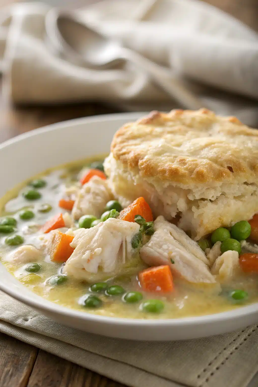 Easy Chicken Pot Pie Soup slice on plate showing perfect texture and swirl pattern