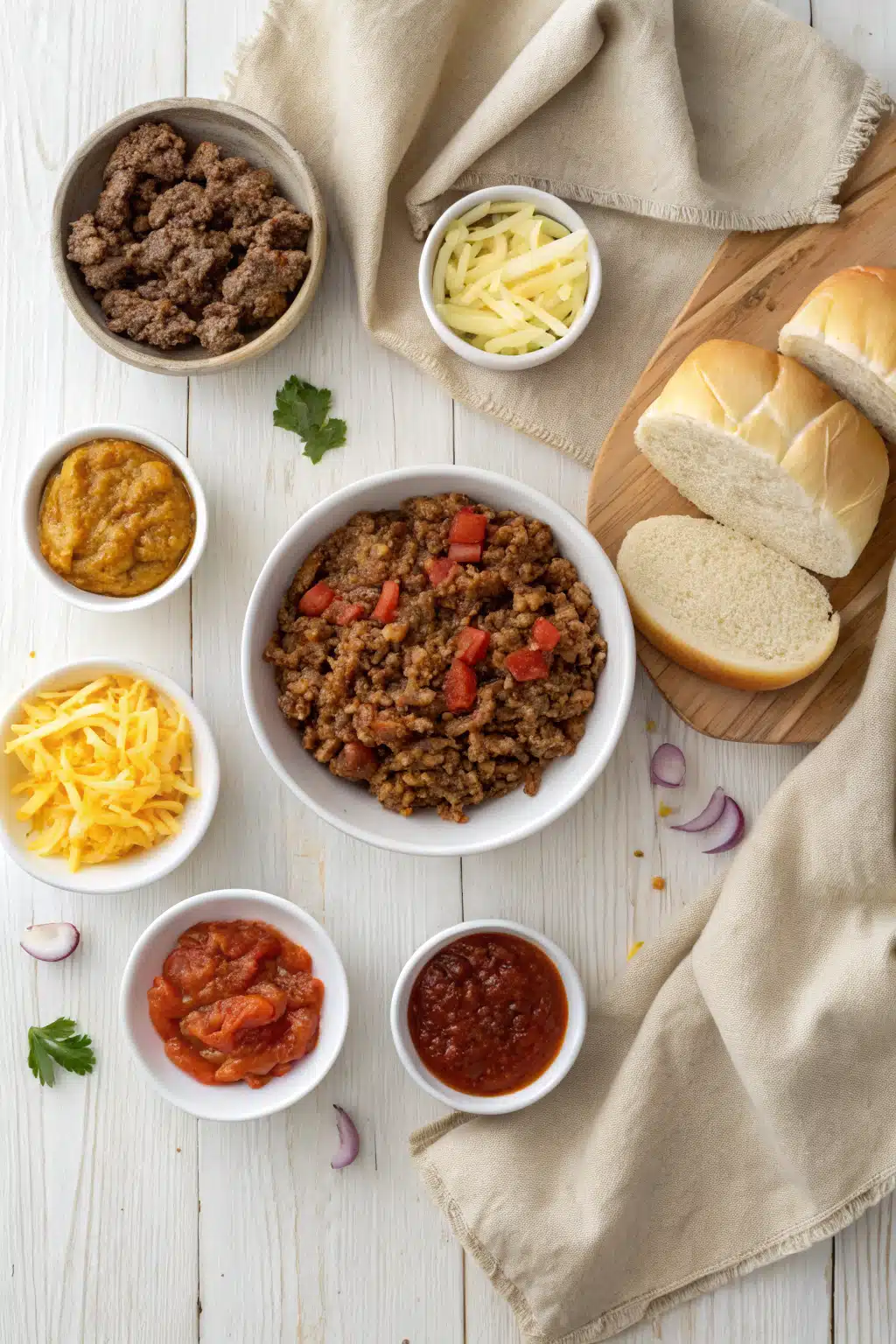 Easy Homemade Sloppy Joes beautifully presented from an overhead angle