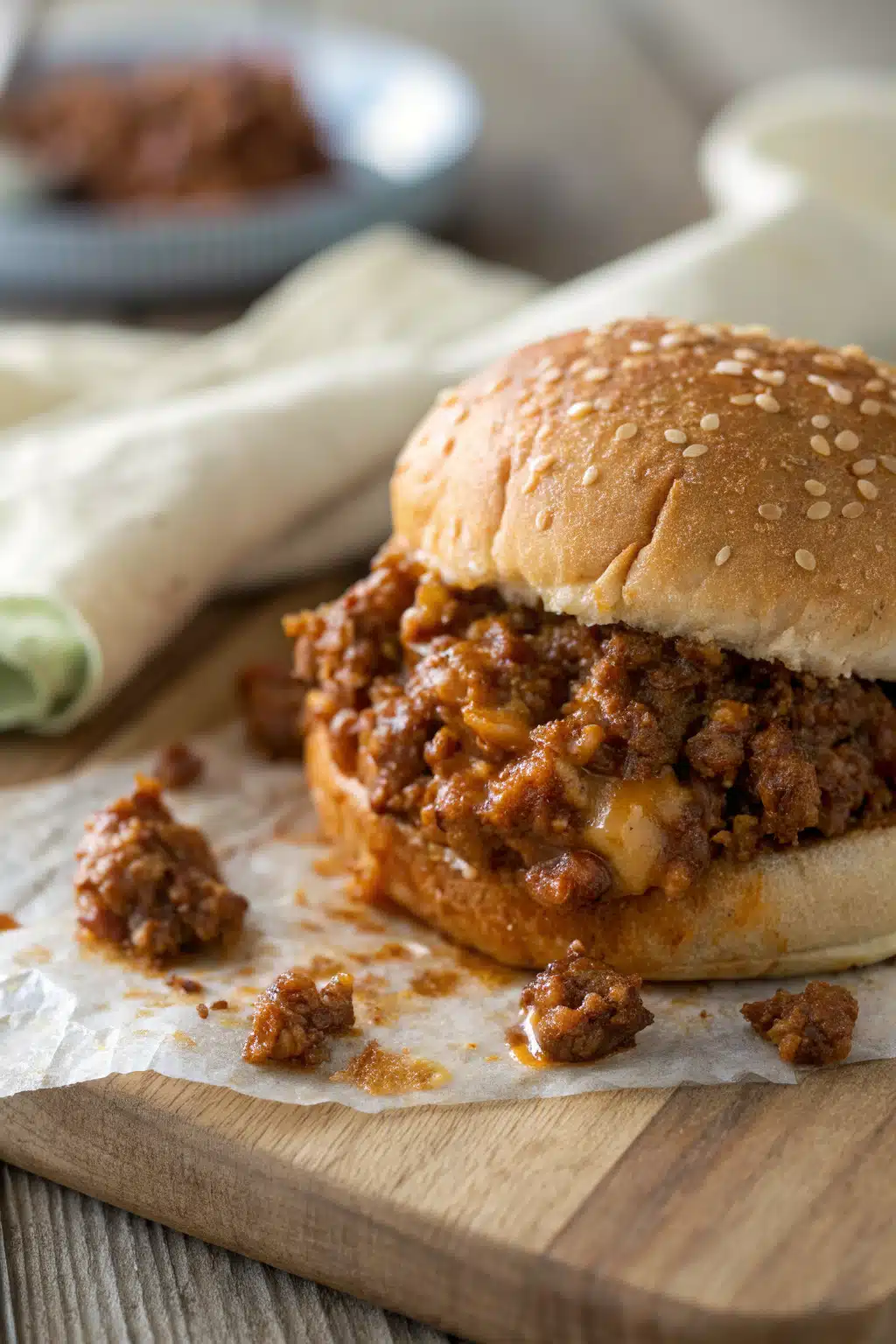 Easy Homemade Sloppy Joes slice on plate showing perfect texture and swirl pattern