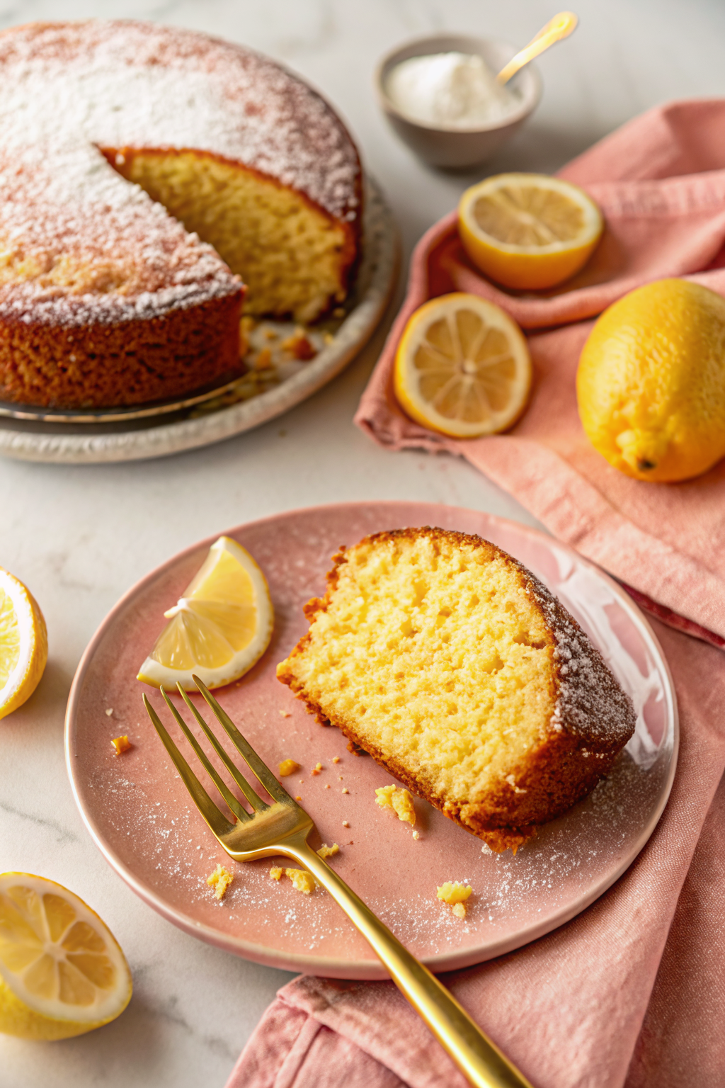 Lemon Bundt Cake beautifully presented from an overhead angle